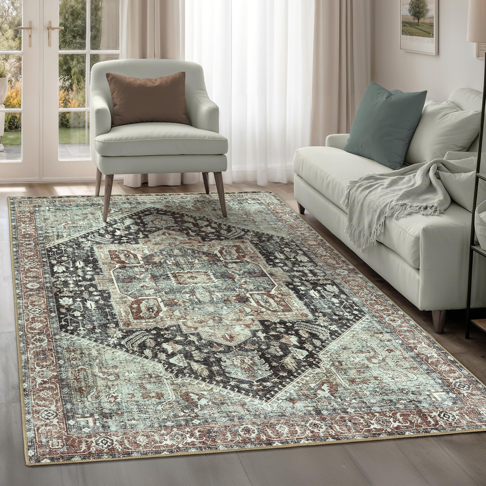 artyrugs Machine Washable Rug, 122x170cm, 75% Recycled Cotton, Short Pile, Non-Slip Backing, Non-Shedding, Suitable for Living Room, Bedroom, Kitchen, Hallway, Office, Charcoal & Light Sienna