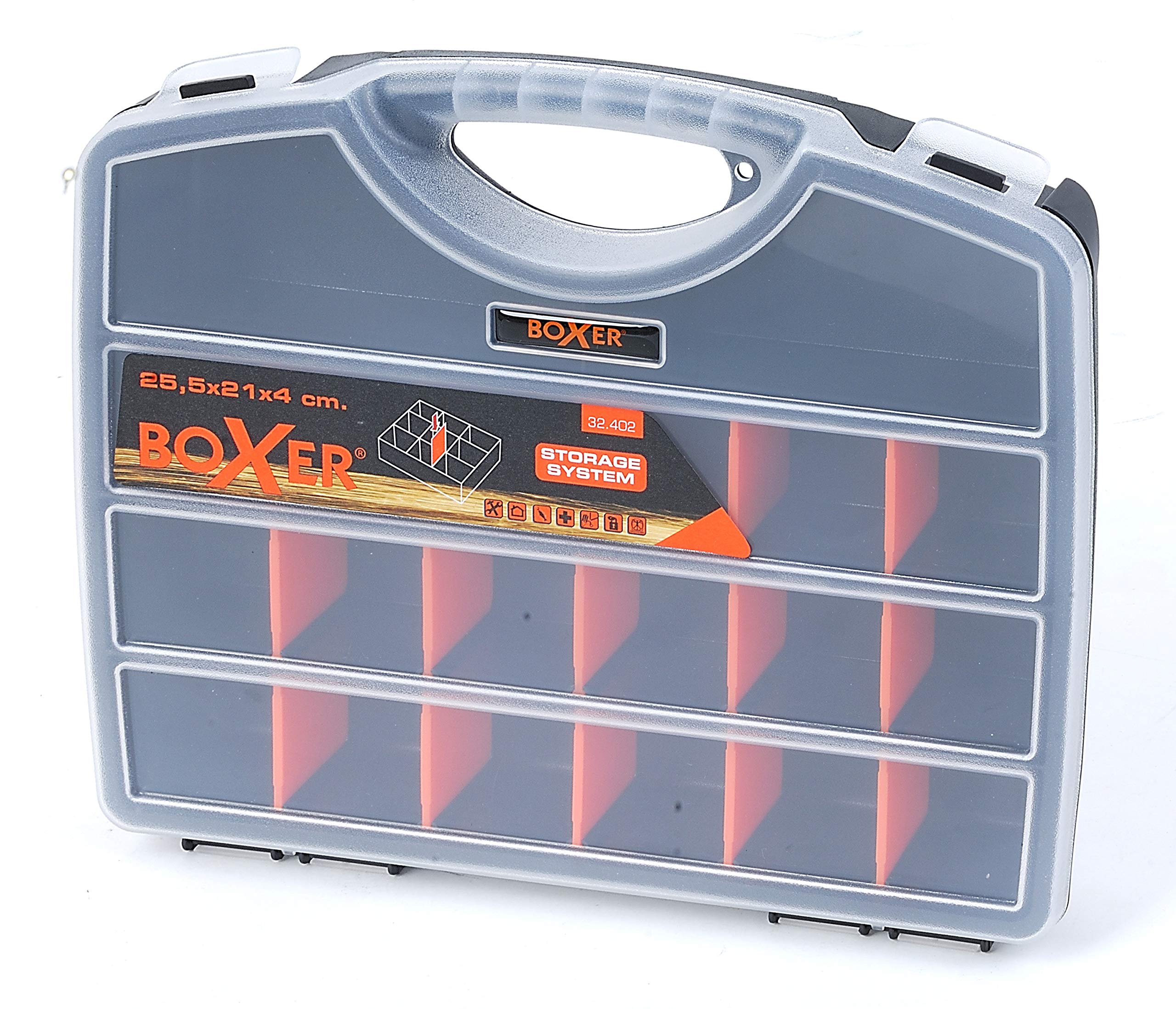 Boxer® Organiser Box with 18 Compartments – 25.5 x 21 x 4 cm – Adjustable Dividers – Transparent Lid – Black/Orange – PP Plastic