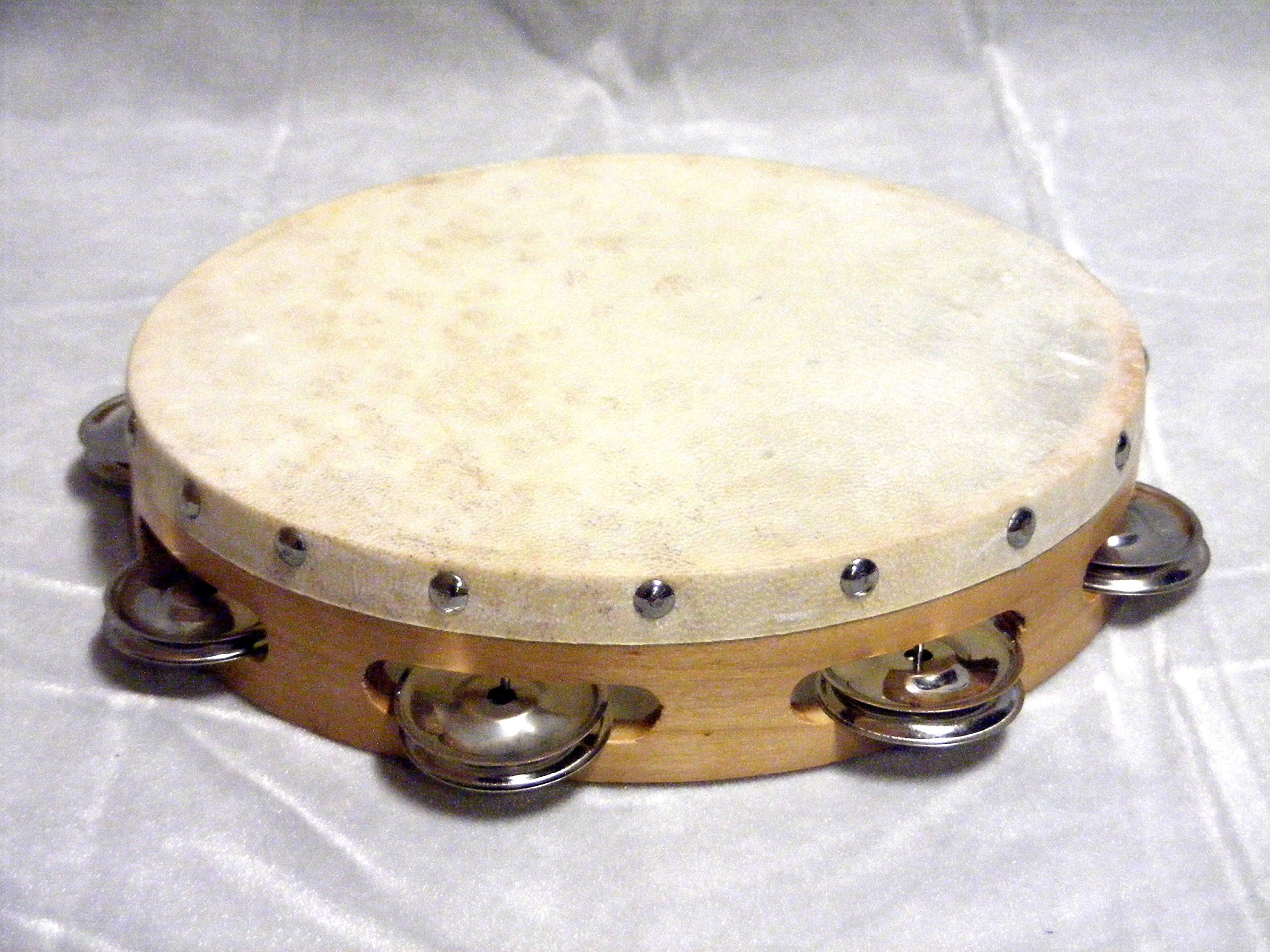AP HAND MADE 8" SOLID WOOD FRAME TAMBOURINE w/GOAT SKIN HEAD & 6 PAIR OF JINGLES