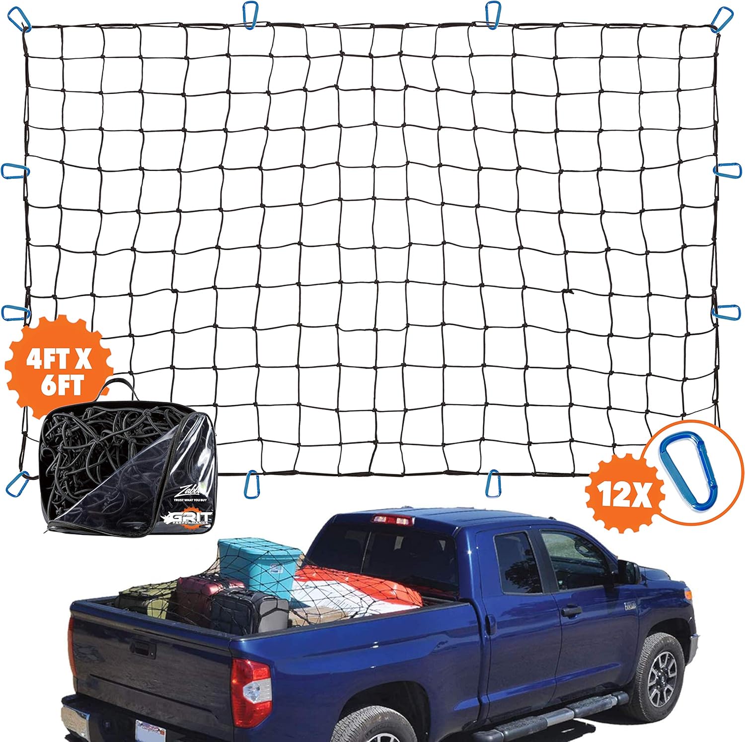 Amazon Com 4 X6 Super Duty Truck Cargo Net For Pickup Truck Bed Stretches To 8 X12 12 Tangle Free Steel Carabiners Small 4 X4 Latex Bungee Net Mesh Holds Small And Large Loads Tighter