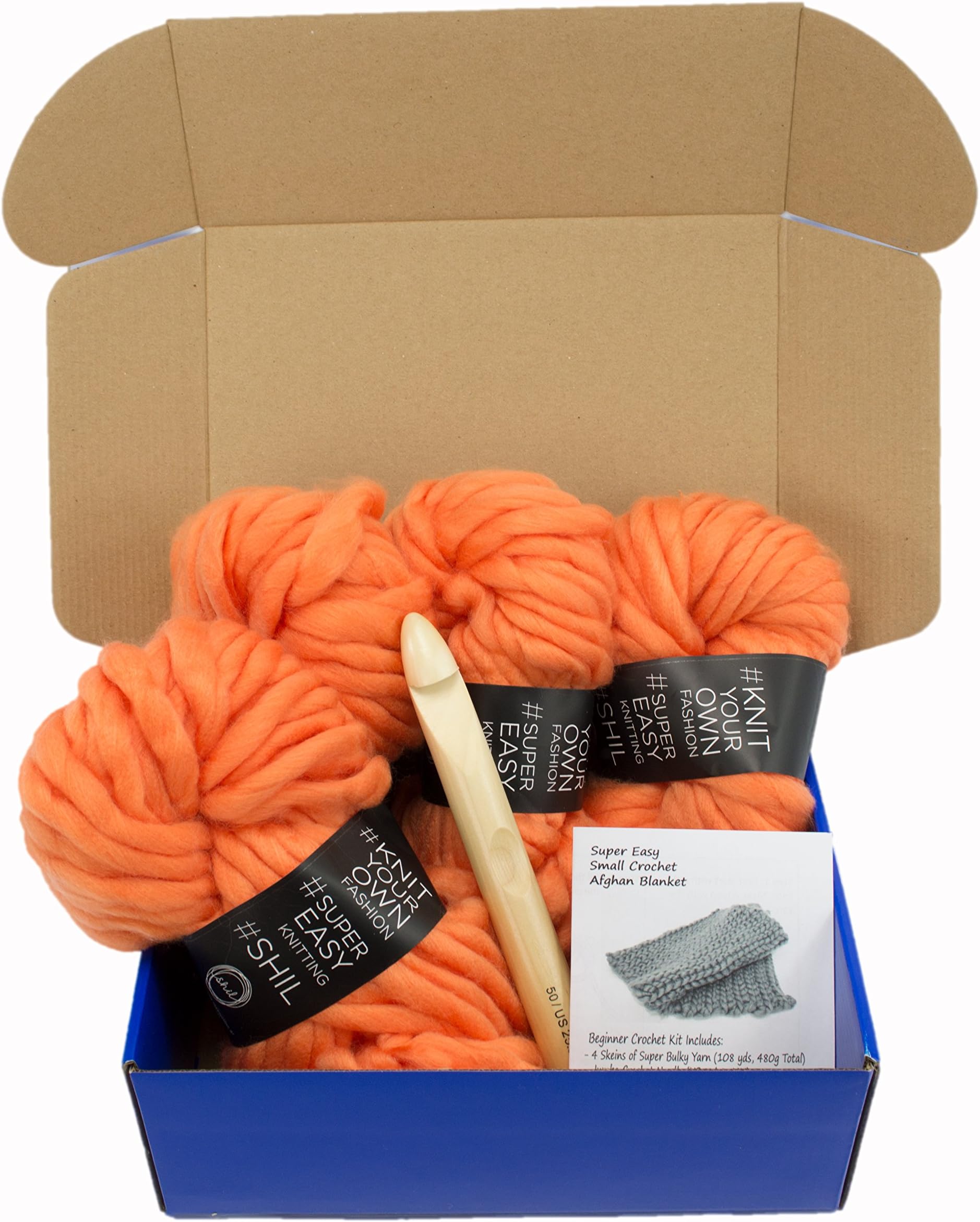 Super Soft Chunky Yarn Crochet Afghan Blanket Kit with Jumbo Hook US50/ 25MM (Mango Orange)