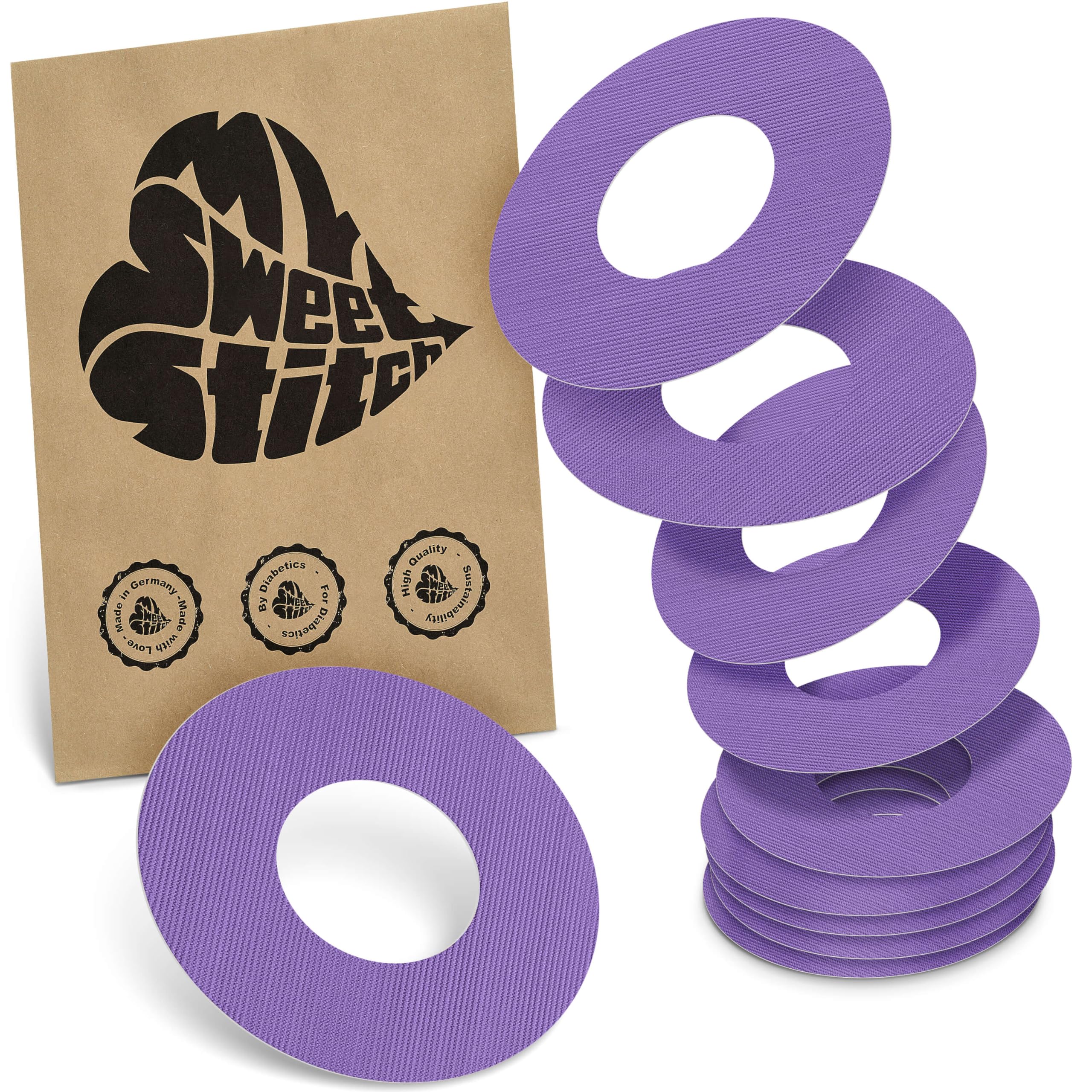 MySweetStitch - 10 x Freestyle Libre 1 & 2 Patches, Ring Patch Ø 65mm, Inner Ø 28mm, Waterproof, Breathable, Skin-Friendly, Made in Germany, Purple