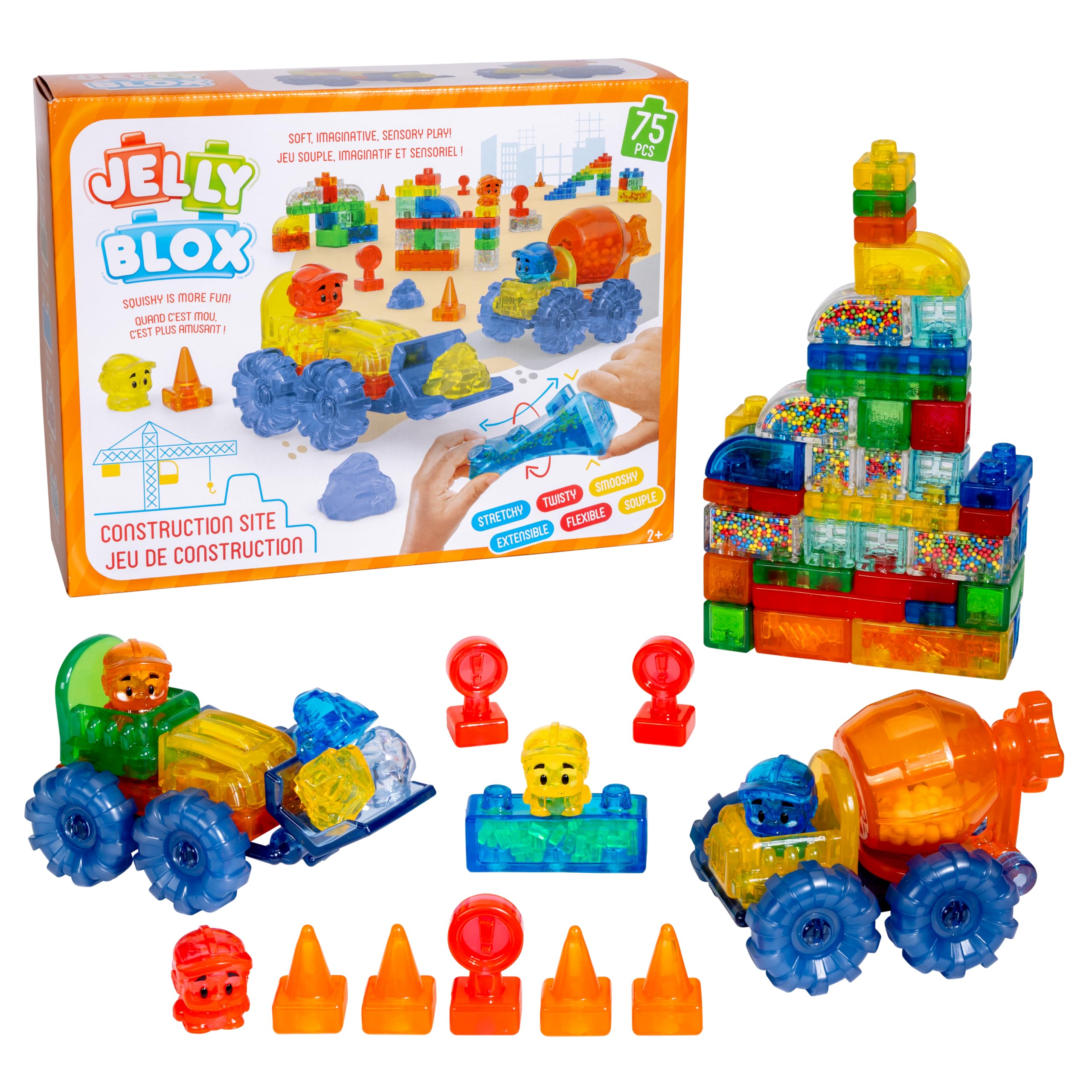 Jelly Blox Construction Site Set | Includes 75 Pieces | Toddler & Preschool Building Blocks Kids Can Squeeze, Stretch, Squish | MESH ACCREDITED | Safety Tested & Ouch-Free | Sensory Play Toy Ages 2+