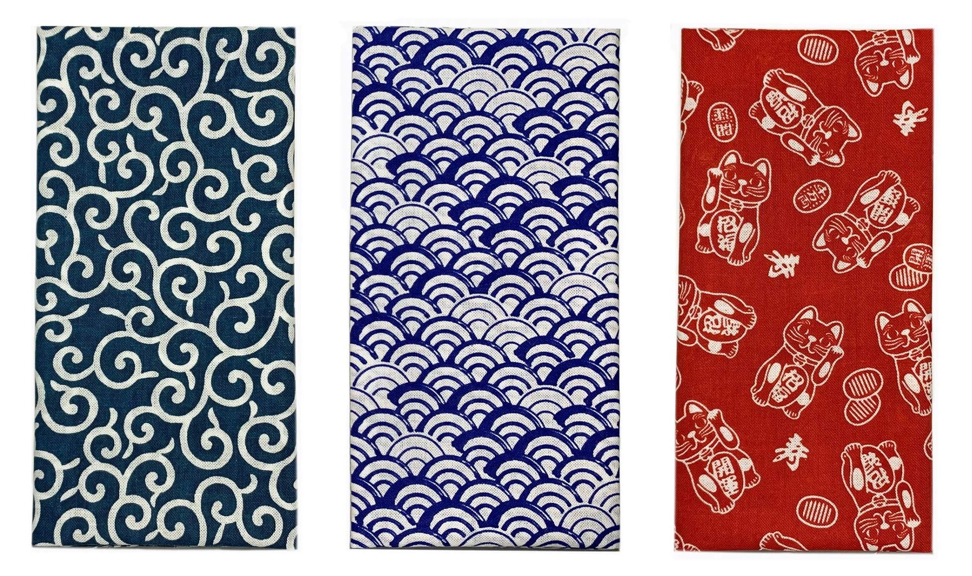 Yagisei Made in Japan Komon Tenugui Towel 3 type set (Karakusa,Blue Waves, Maneki Neko)