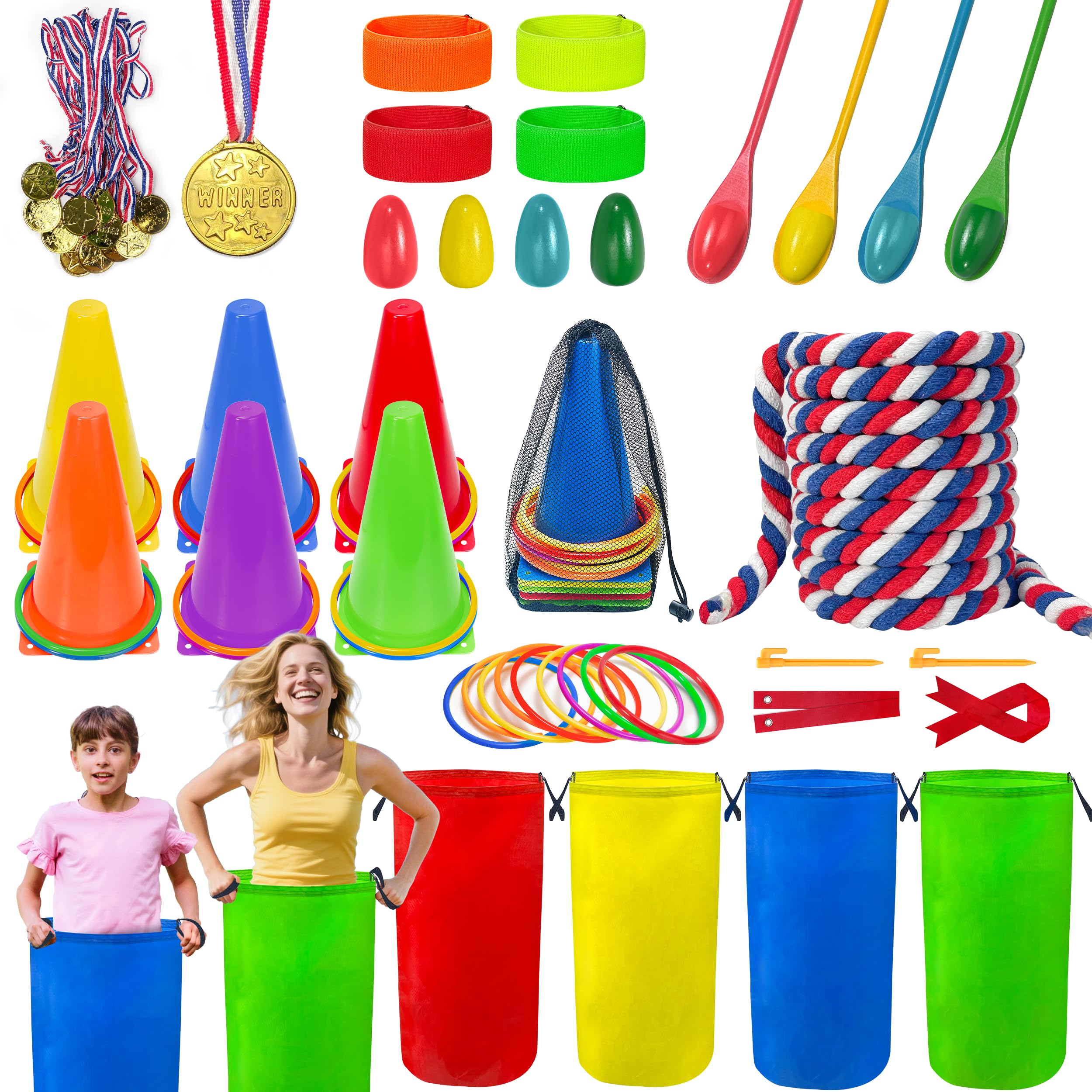 Photo 1 of LINAYE Field Day Games Outdoor Activities, Carnival Lawn Yard Picnic Family Reunion Games Tug of War Rope Sack Race Bags for Adults and Kids Ring Toss Egg and Spoon 3 Legged Race for Birthday Party