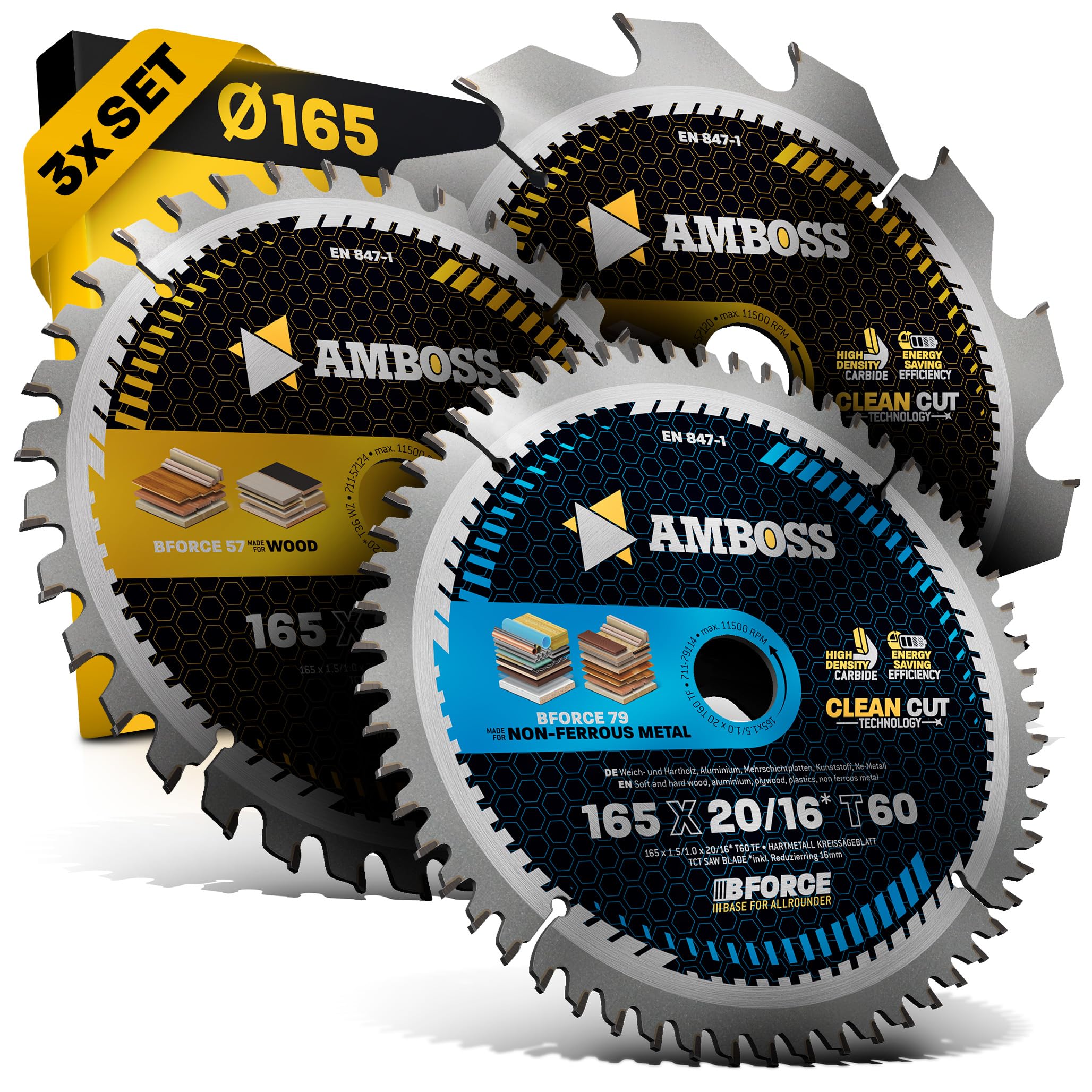 Ø165 x 20 Akku Hand- Kreissägeblatt Set passend für Bosch GKS 18v-57g, Bosch GKT 55 GCE, Makita SP6000 - AMBOSS WERKZEUGE® 165x20 Sägeblatt Sortiment