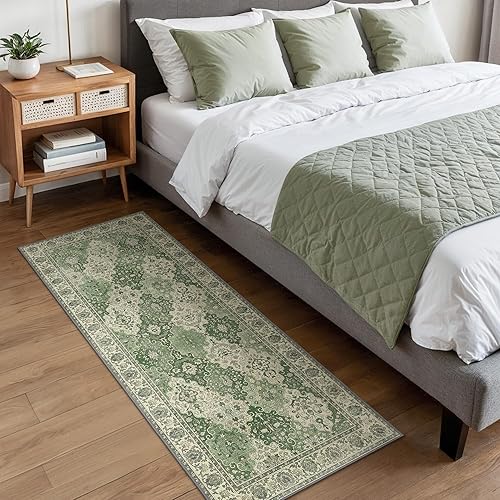 BEIMO 60x120CM Area Rugs for Bedroom,Vintage Boho Carpets for Living Room Non Slip Machine Washable Rug Short Low Pile Rug for Kitchen Dining, Hallway, Office-Moss Green