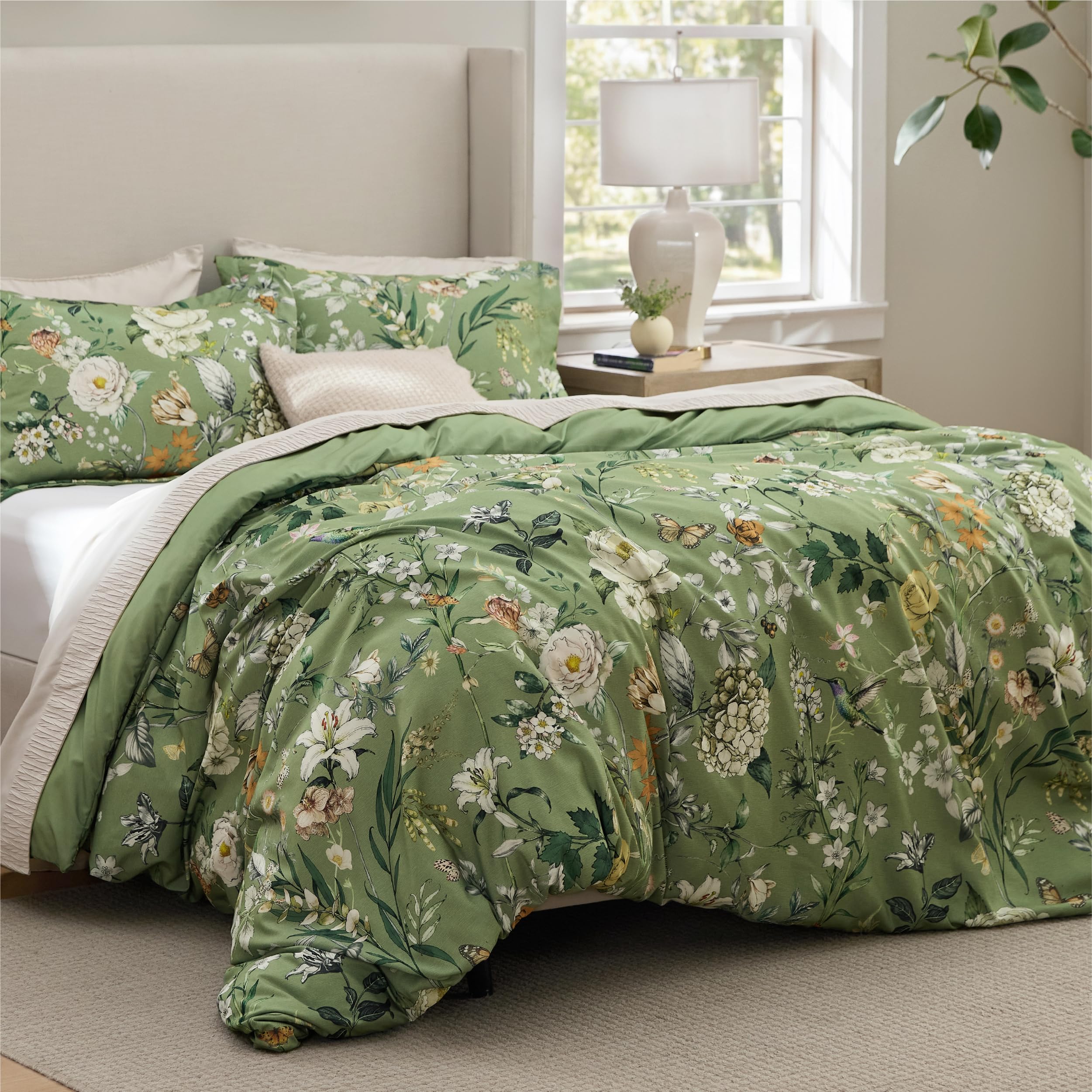 Bedsure Comforter Set Queen Size - Cute Floral Bedding Comforter Set, 3 Pieces, 1 Soft Reversible Olive Green Woodland Floral Flowers Comforter and 2 Pillow Shams Image