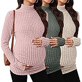 Sweetyweee 3 Pack Maternity T-Shirts Pregnancy Tops Women Sweater Long Sleeve Turtleneck Ribbed Finger Sleeve Outfits