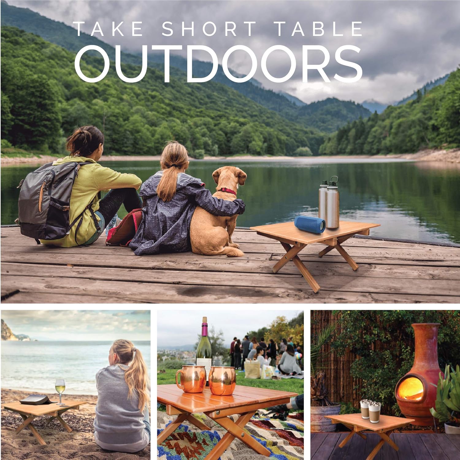 Simple Setup Short Table All-Purpose Use and Portability - Beach, Picnic, Camp, Or As A Gift - All Wood Strong Table (Height 10”): Furniture & Decor
