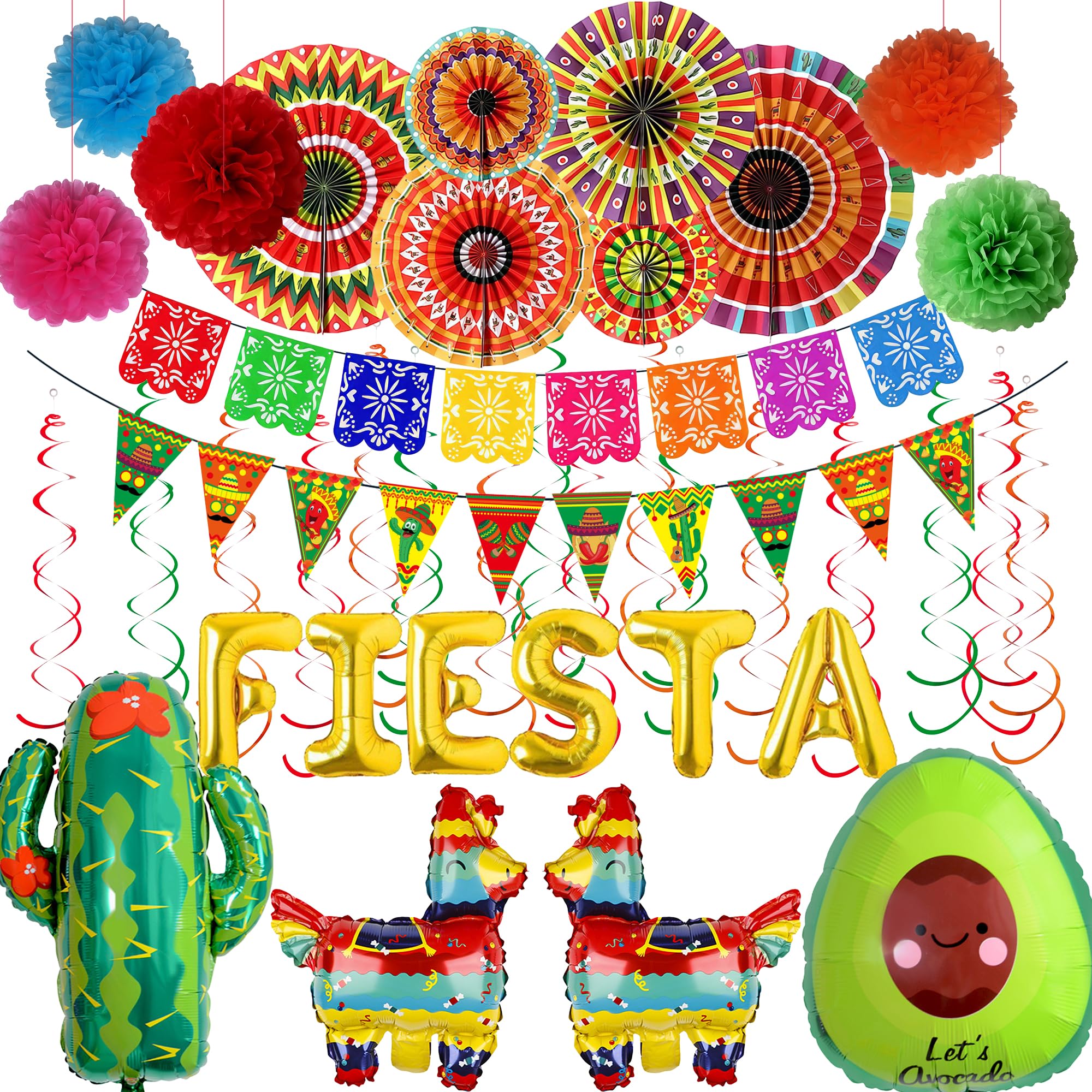 Mexican Party Decorations Fiesta Themed - 32Pcs Cinco De Mayo Party Supplies including Crepe Paper Streamer Multicoloured Fans Pom Poms Flowers Pennant Banner for Day of the Dead Decoration