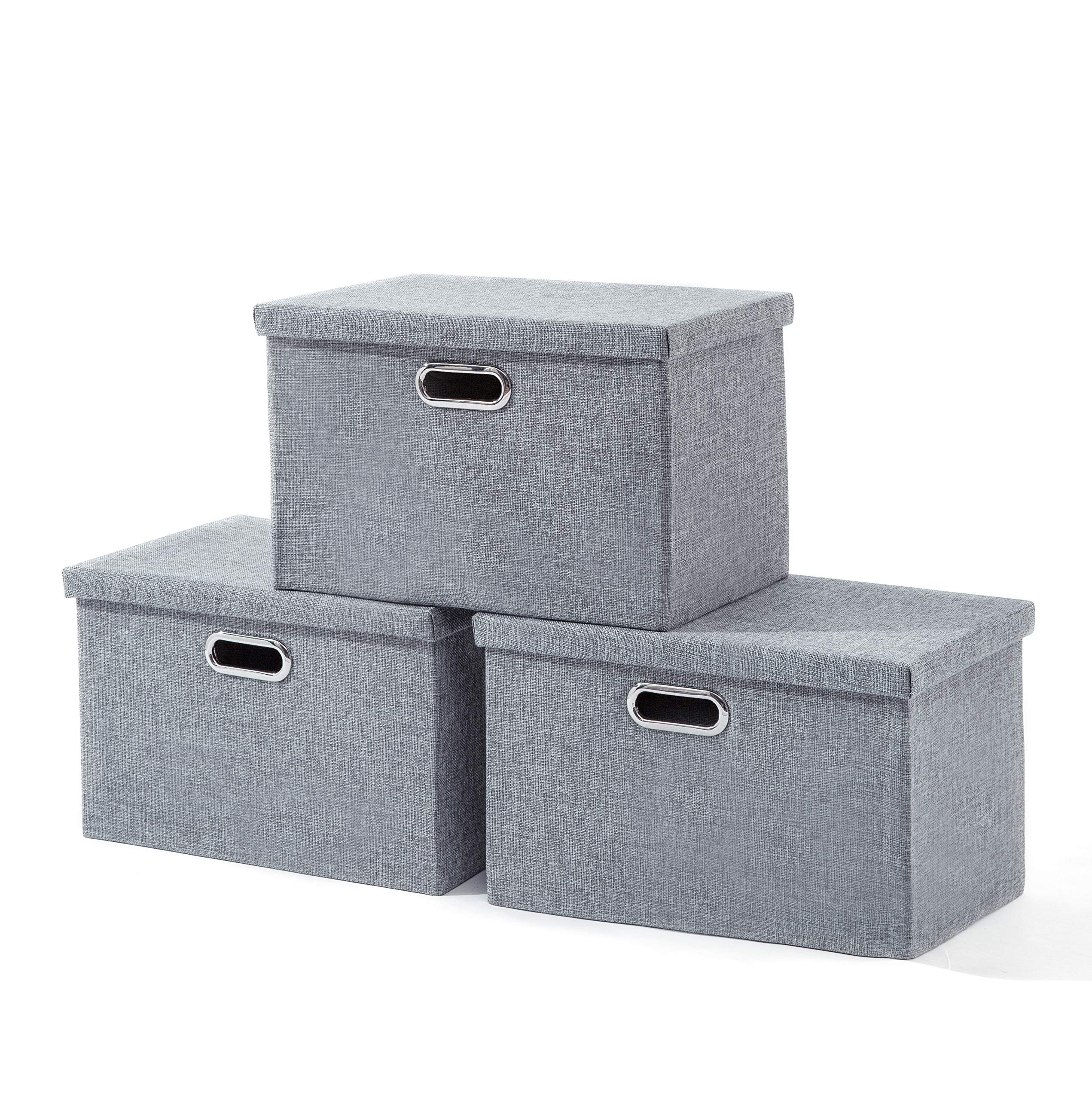 AlphaHome Large Storage Boxes with Lids [3 Pack], Foldable Linen Fabric Storage Baskets for Organising Clothes and Toys, Grey, 39x27x25cm