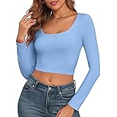 Long Sleeve Crop Tops for Women Ribbed Square Neck Slim Fitted Casual Lady Fashion Y2K Top 2025
