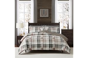 MaiRêve Queen Comforter Set, Plaid Design Comforter Set 7 Pieces, All Season Comfortable Bedding Sets Queen, Lightweight, Warm and Breathable (Khaki, Queen, 90"x90")