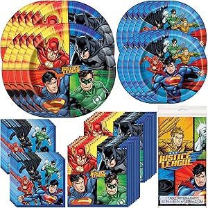 Unique Justice League Party Bundle | Luncheon & Beverage Napkins, Dinner & Dessert Plates, Table Cover | Great for Action/Superhero/Comics Birthday Themed Parties