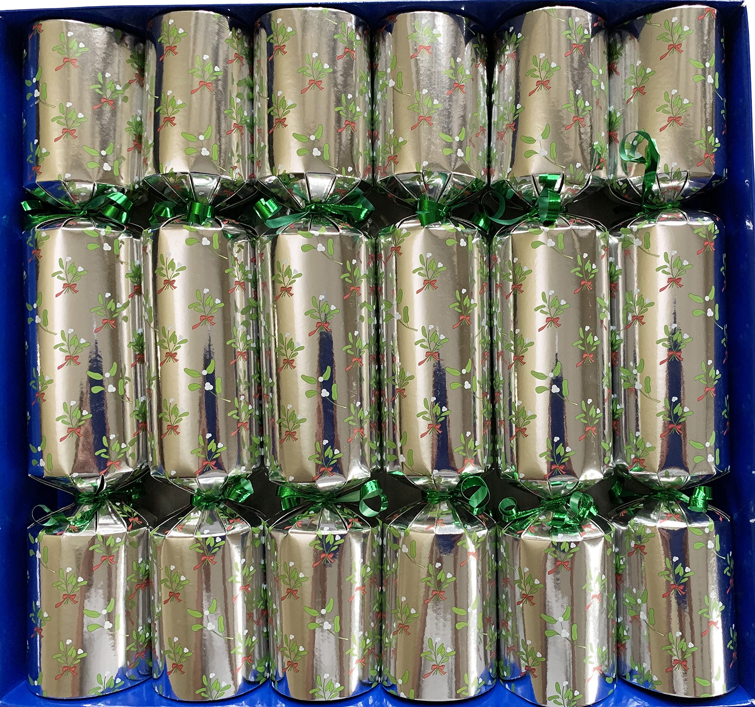 Mistletoe Design Christmas Crackers with hanging nutcracker ornaments inside, Set of 6