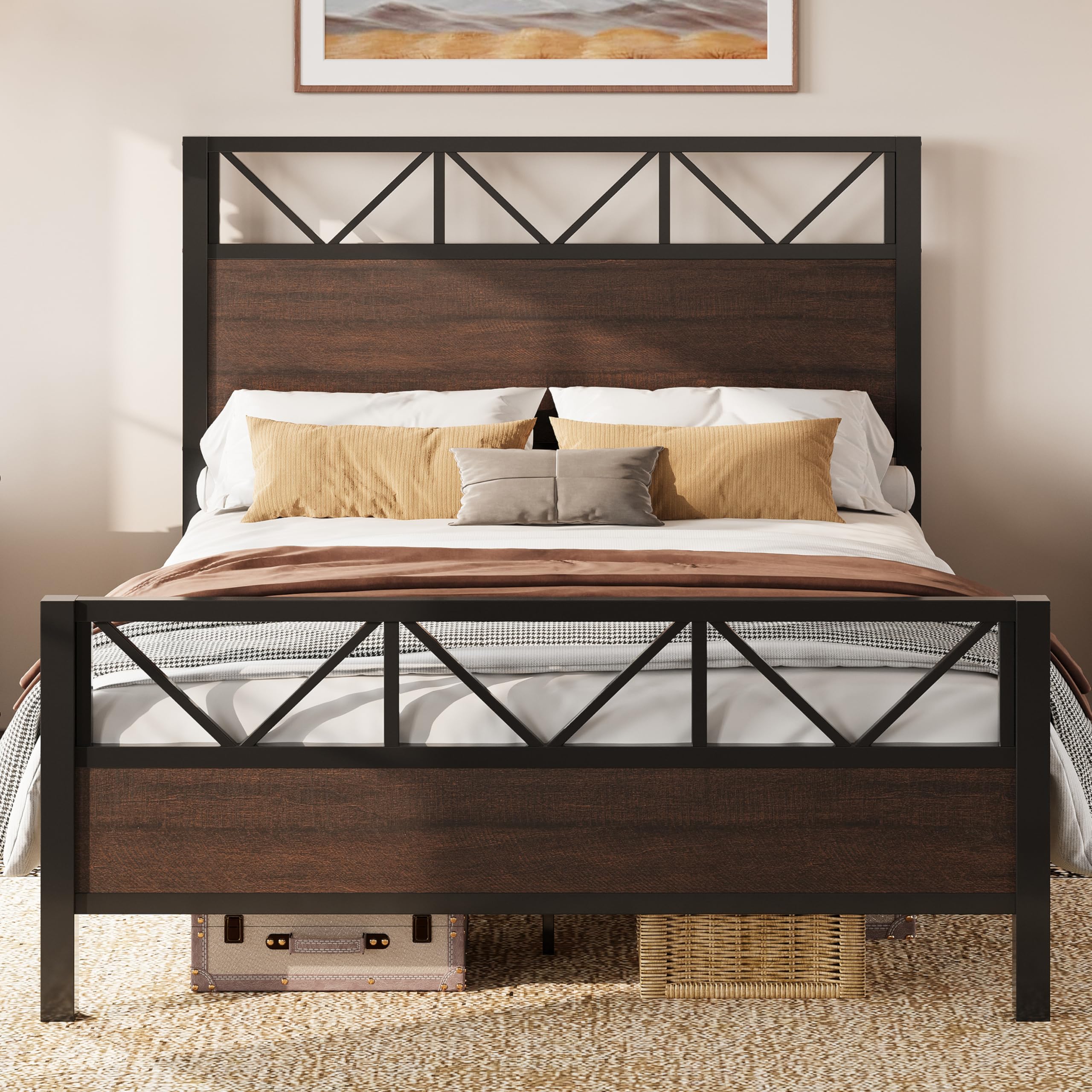 LIKIMIO Queen Bed Frame, Tall Industrial Headboard 51.2 ", Platform Bed Frame with Strong Metal Support, Solid and Stable, Noise Free, No Box Spring Needed, Easy Assembly, Dark Brown Image