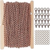 THREENEST 32-Feet 2.5mm Rolo Chains with 20 Lobster Clasps+50 Jump Rings, Cable Link Craft Chain Findings for Necklace Bracelet Earring DIY for Jewelry Making (Copper 2086-B)
