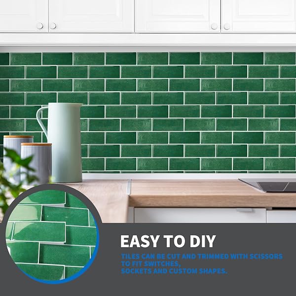 ARTEMURO 10-SHEETS PEACOCK GREEN SUBWAY TILES PEEL AND STICK BACKSPLASH TILE- 3D SELF ADHESIVE PEEL AND STICK BACKSPLASH FOR KITCHEN, BATHROOM – 12″X12″ STICKY MOSAIC WALL TILES