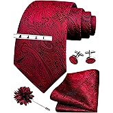 GUSLESON Tie Set for Men Necktie and Pocket Square,Tie Clip,Cufflinks, Lapel Pin Sets with Gift Box 5PCS