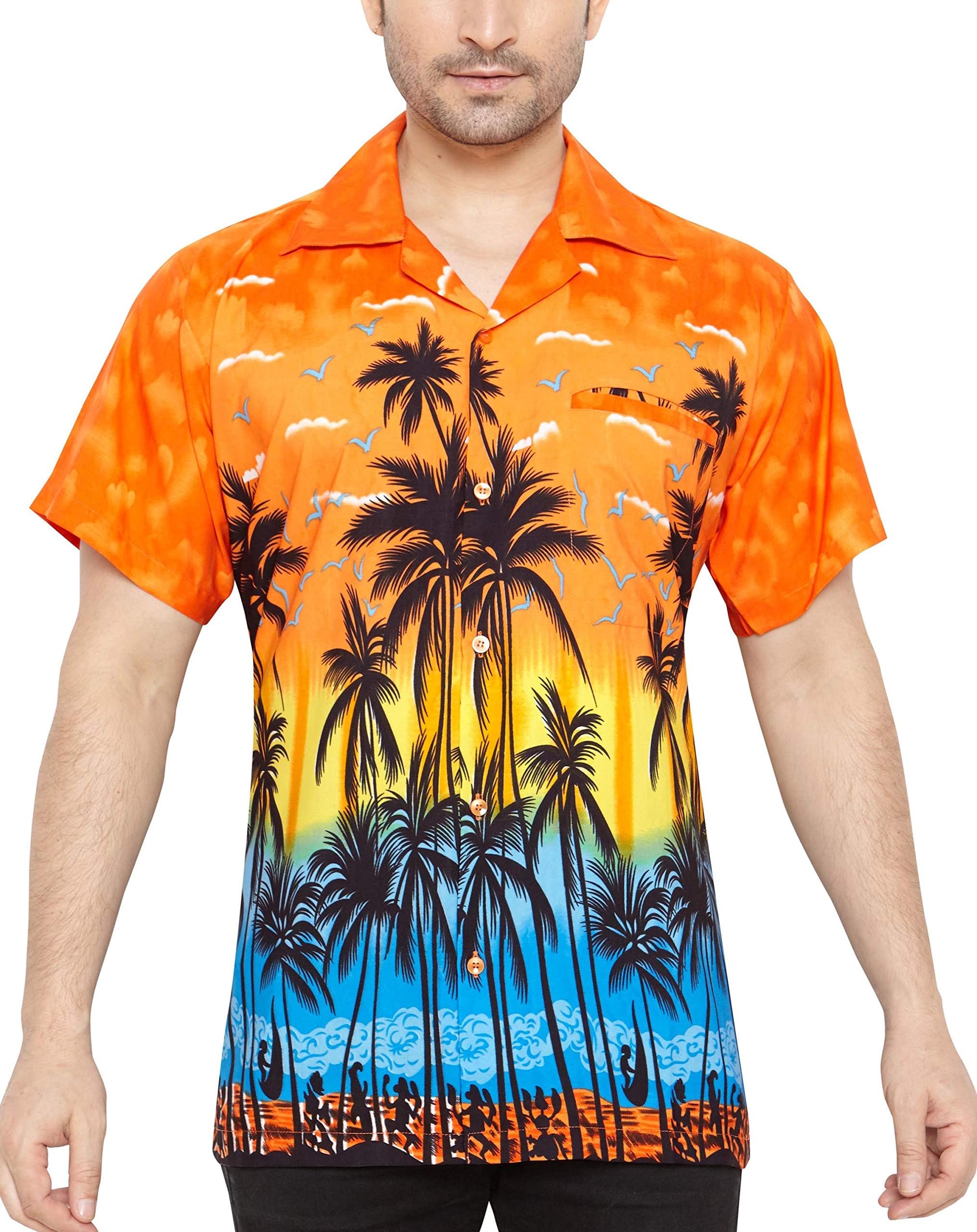 CLUB CUBANAMen's Regular Fit Classic Short Sleeve Casual Floral Hawaiian Shirt, M, Orange