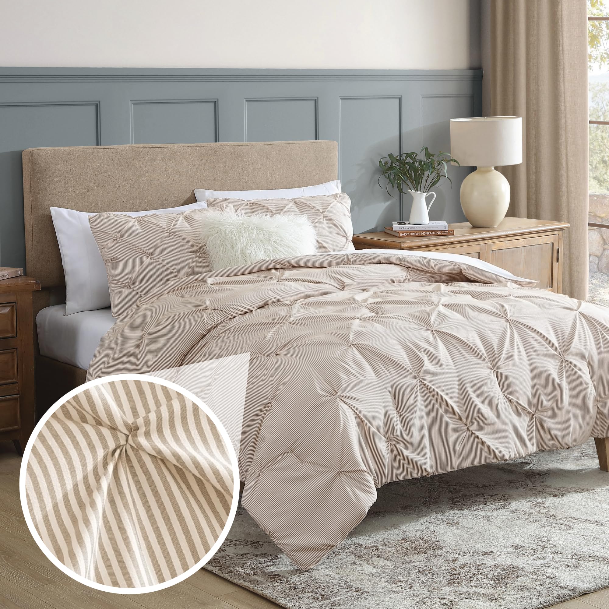 Swift Home Twin/Twin XL Pinstripe Taupe Comforter Set - Classic Pintuck Bedding Set - 2 Pieces Bed Linen, 1 Comforter and 1 Pillow Sham Image