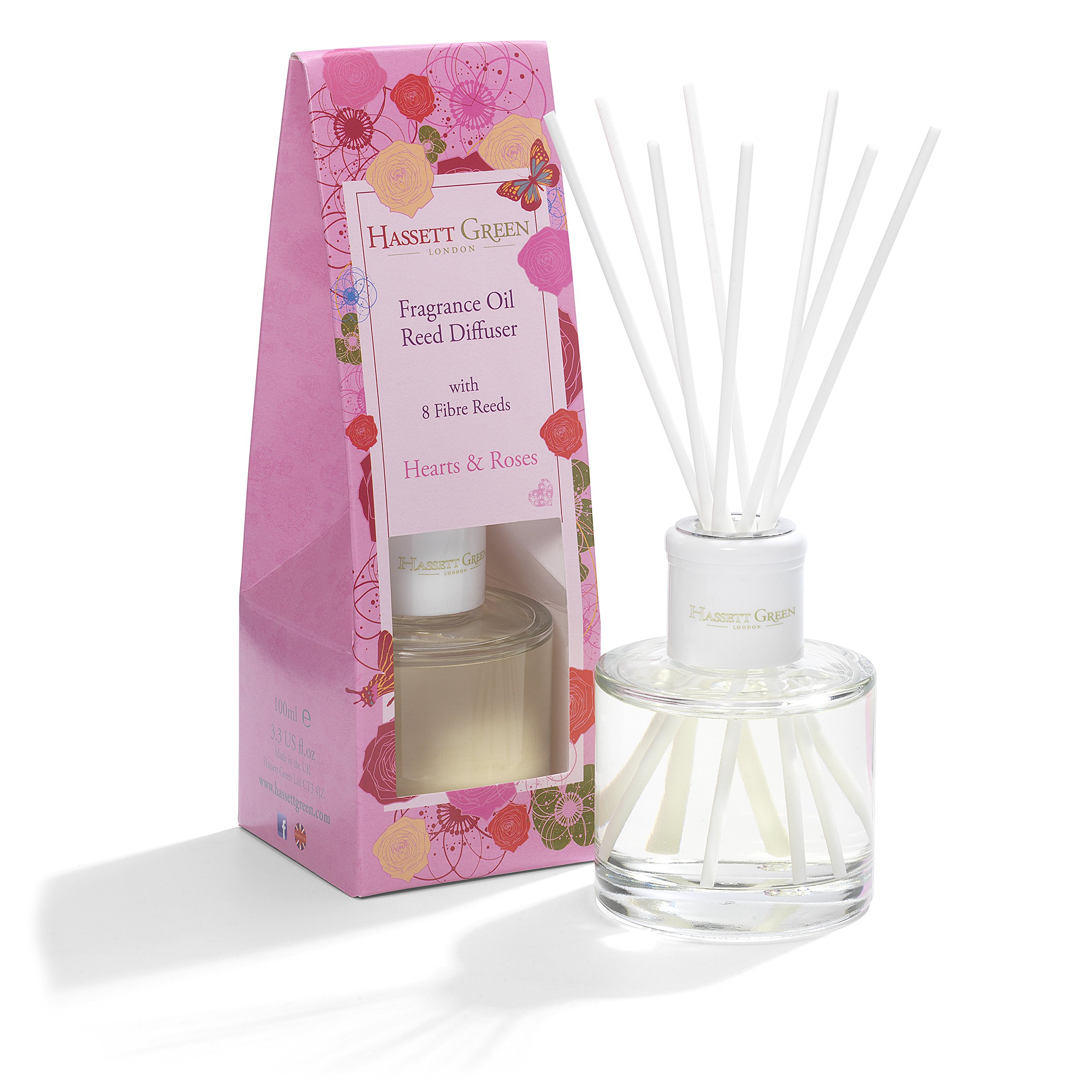 Hassett Green London Fragrance Oil Reed Diffuser - 100ml Glass Bottle with 8 Fibre Reeds - Hearts & Roses