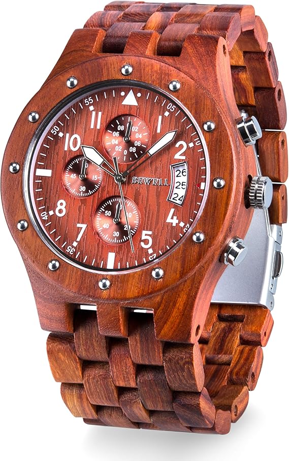 Amazon Bewell 腕時計 木製 メンズ クロノグラフ機能 ビーウェル 天然木 男性用腕時計 日本製クォーツ 夜光 カレンダー付き バレンタインデープレゼント 贈り物 赤檀 メンズ腕時計 腕時計 通販