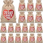 30 Pcs Christian Valentine's Day Bags Mini Burlap Gift Bags with Drawstring 4x6 Inch Small Jesus Loves You Bag Bulk Small Religious Bible Party Favor Jewelry Pouch for Galentine Mother's Day Easter