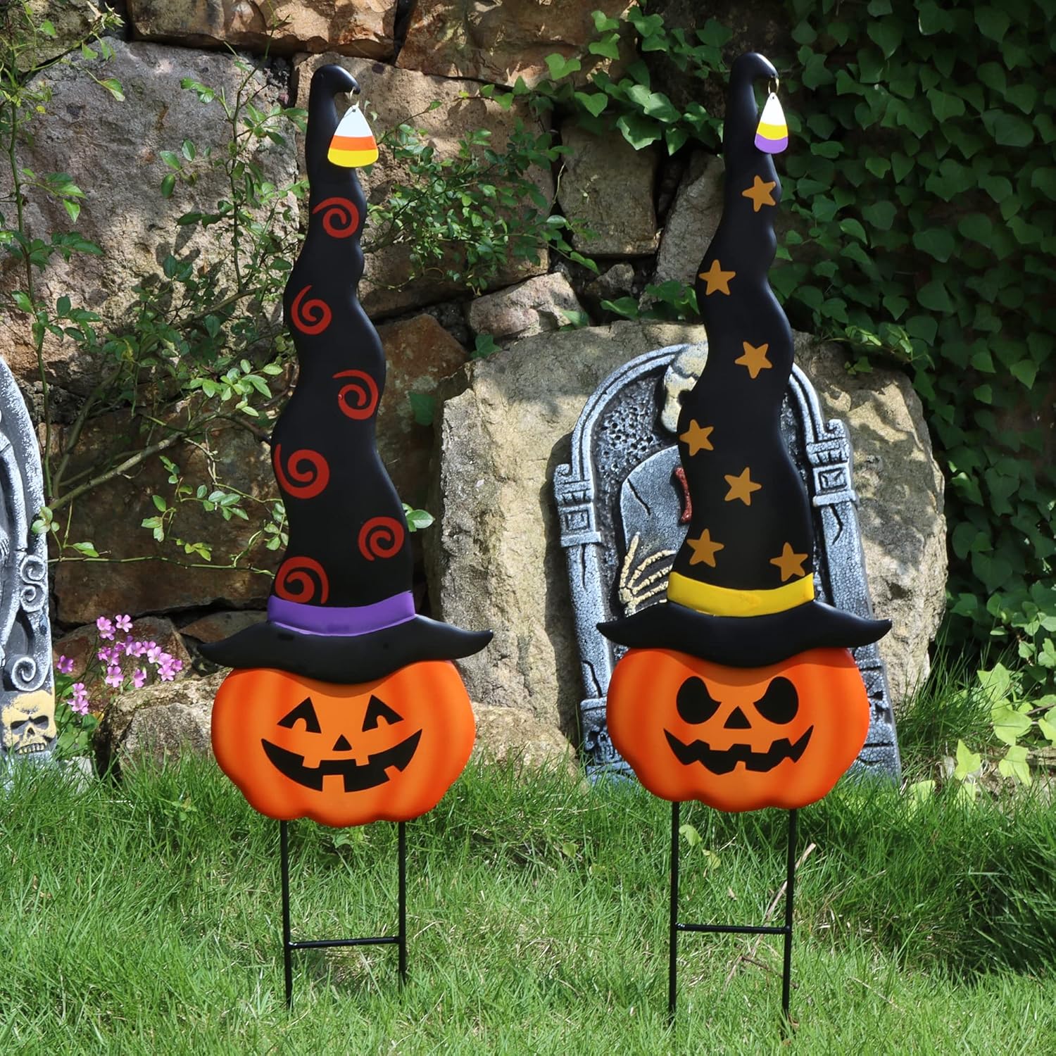 Decorative Garden Stakes - Juegoal 2 Pack Halloween Garden Decorations, Metal Jack o Lantern Outdoor Stakes with Witch Hats, Spooky Garden Yard Signs Lawn Decor, Halloween Pumpkin Art Stake, Halloween Sculpture Ornament