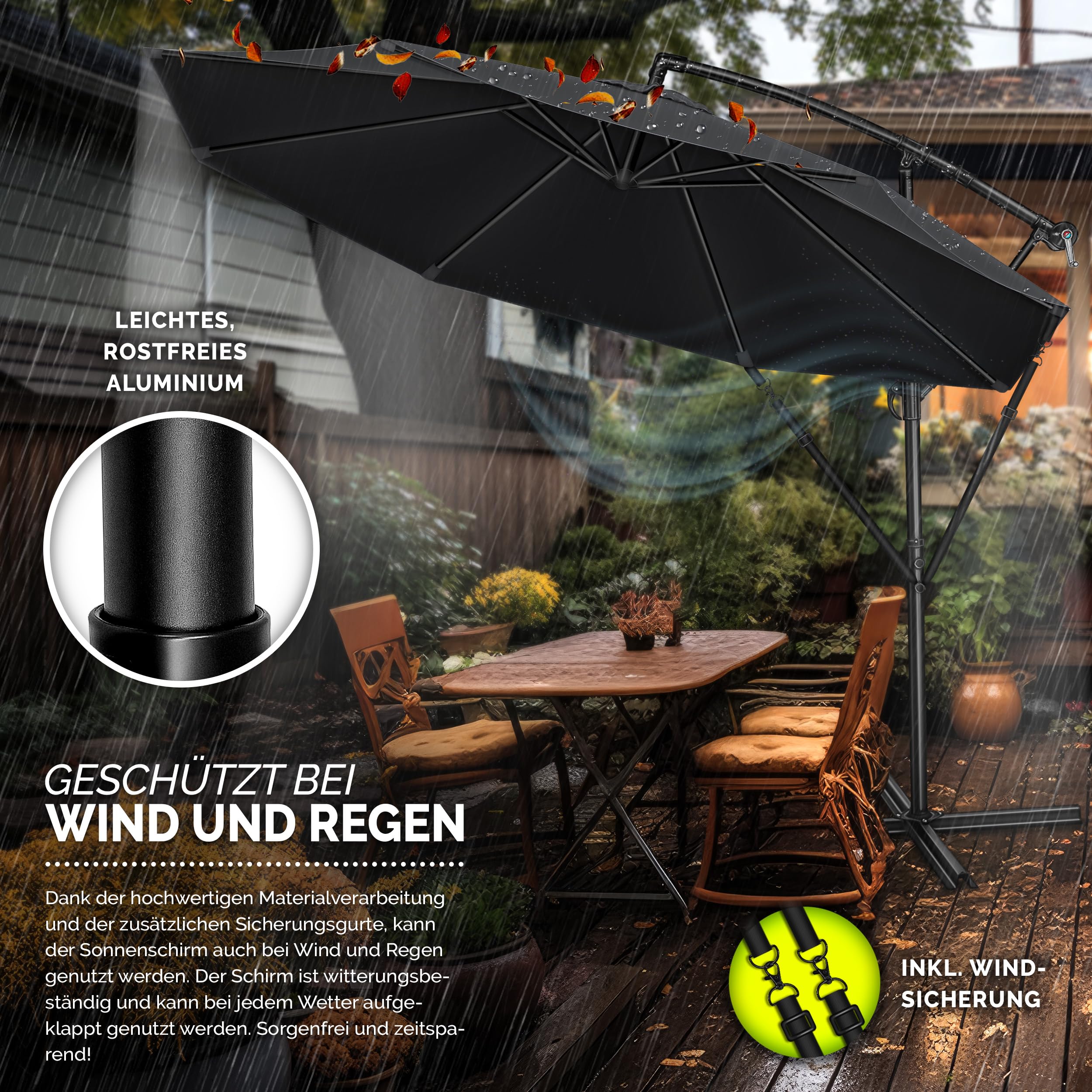 tillvex Alu Sonnenschirm + Abdeckung Ø 300 cm mit Kurbel | Ampelschirm mit Ständer & Windschutz | Gartenschirm UV-Schutz Aluminium | Kurbelschirm Marktschirm wasserdicht 360° drehbar Anthrazit 4