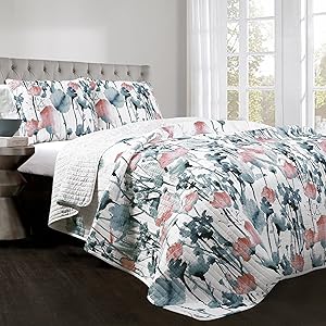 Lush Decor Zuri Flora Quilt-Colorful Painted Flower Design Reversible 3 Piece Bedding Set-King-Blue and Coral, Blue & Coral
