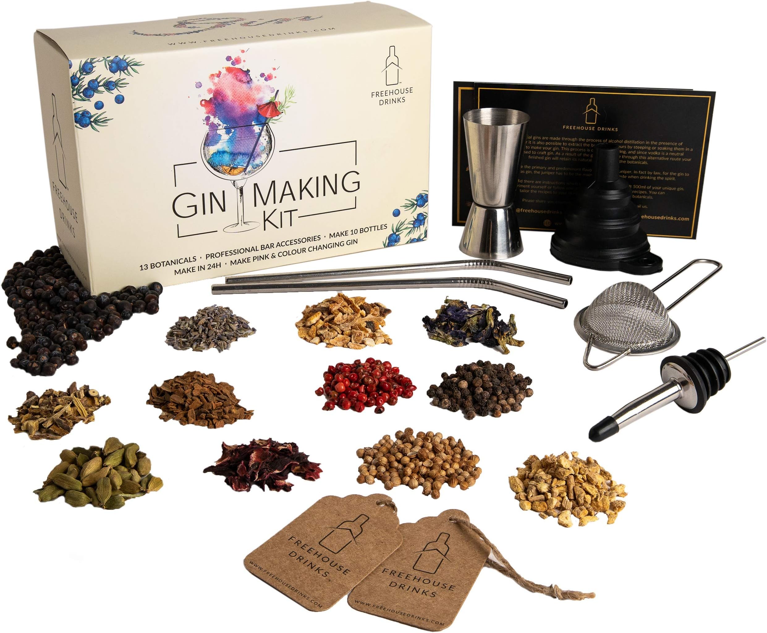 Gin Making Kit with Barware Accessories - Infuse Your Gin with 13 Botanicals to Make Ten Bottles of Unique Gin Using This Gin Kit - Make Your Own Gin at Home with Gin Maker’s Kit - Ideal Gin Gifts.