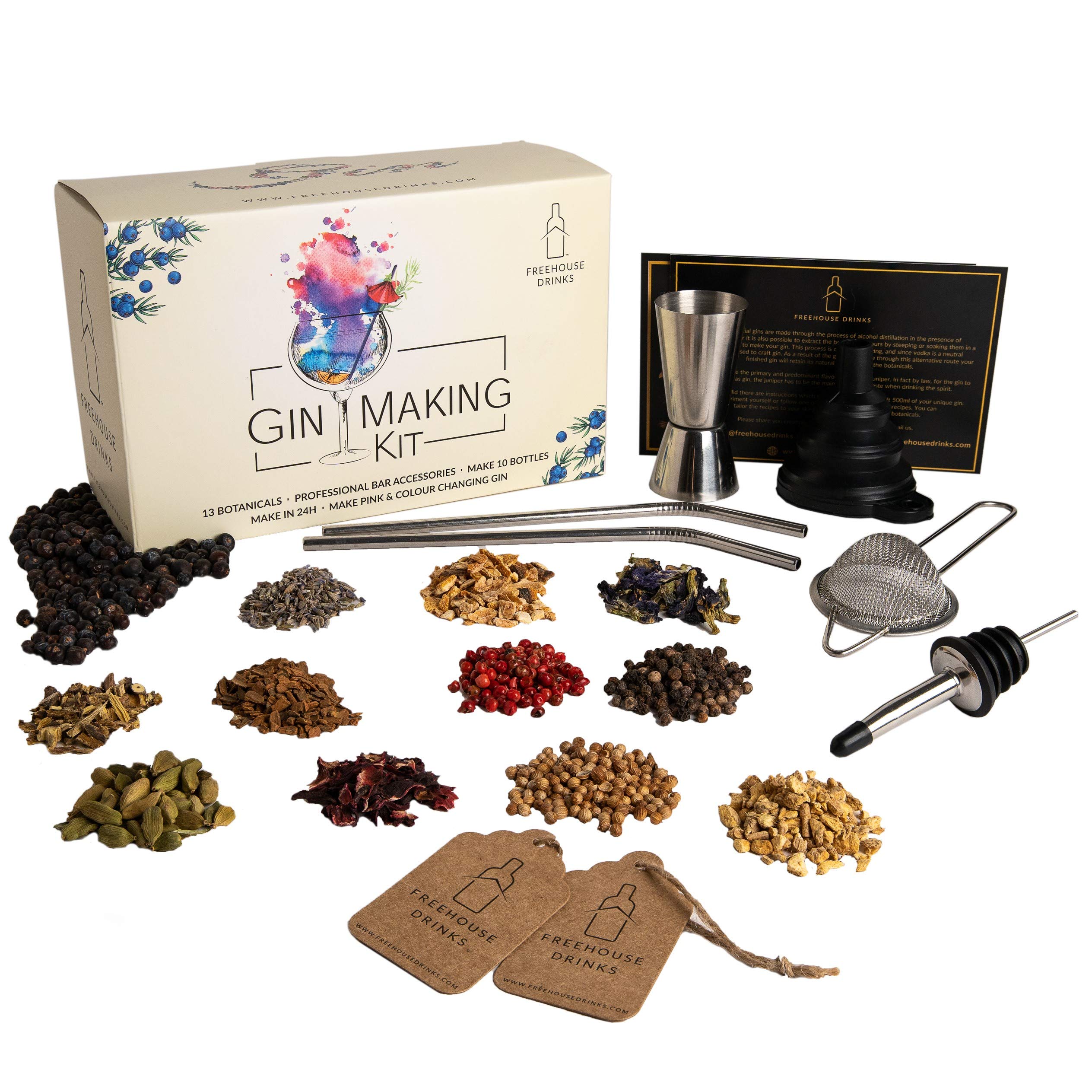 Gin Making Kit with Barware Accessories - Infuse Your Gin with 13 Botanicals to Make Ten Bottles of Unique Gin Using This Gin Kit - Make Your Own Gin at Home with Gin Maker’s Kit - Ideal Gin Gifts.