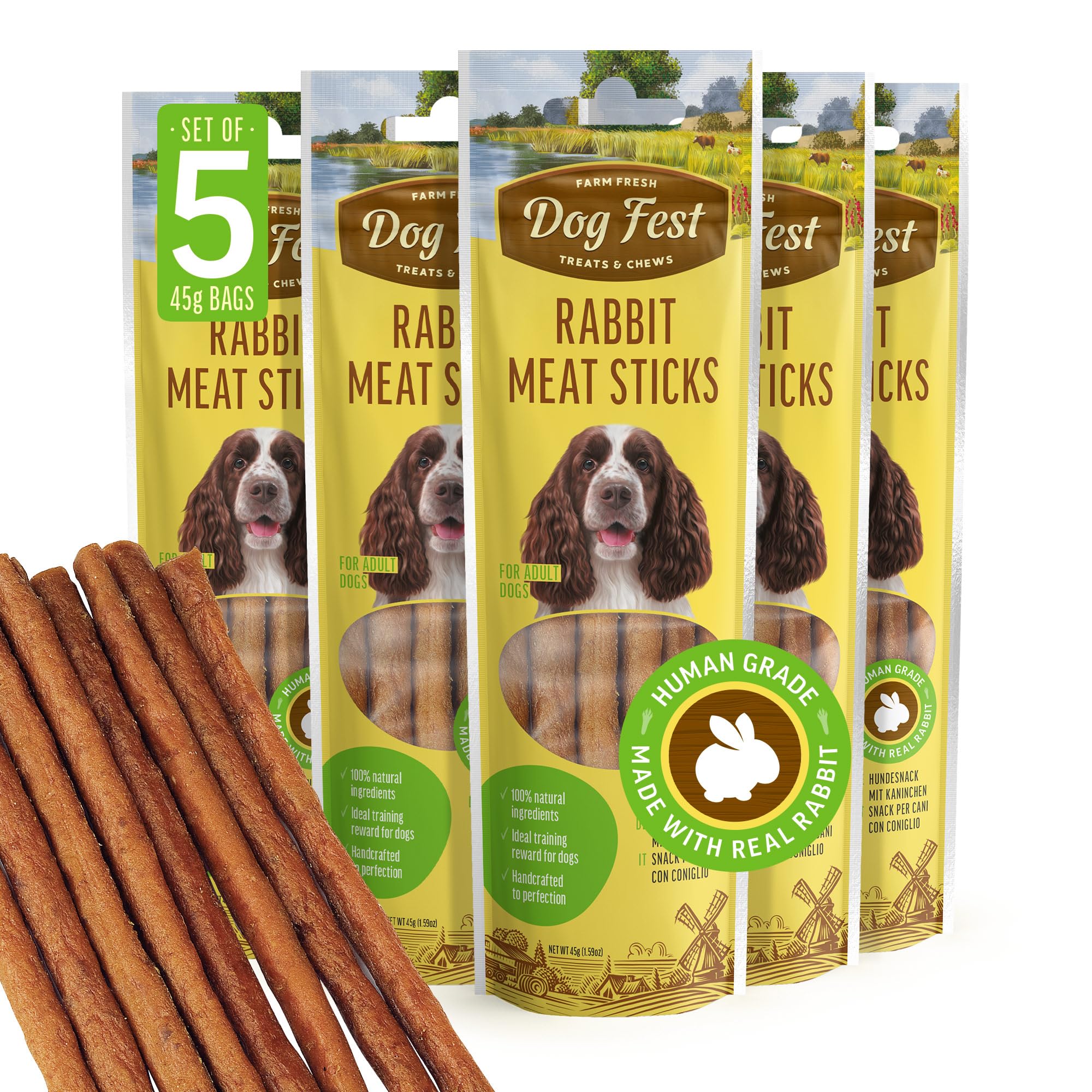 Dog Fest Rabbit Meat Sticks - High-Protein Dog Treats with 100% Natural Ingredients, for Adult Breeds, 45 g (Pack of 5)
