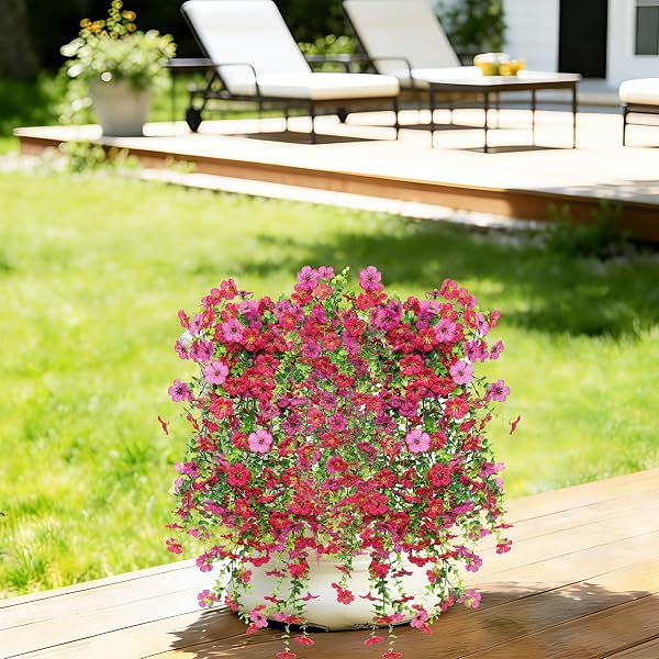 SENJIE 4 PCS ARTIFICIAL HANGING FLOWERS FOR OUTDOOR SPRING DECOR, UV RESISTANT FAKE SILK FAUX FLOWERS PLANTS FOR OUTSIDE PORCH PATIO BALCONY PLANTERS