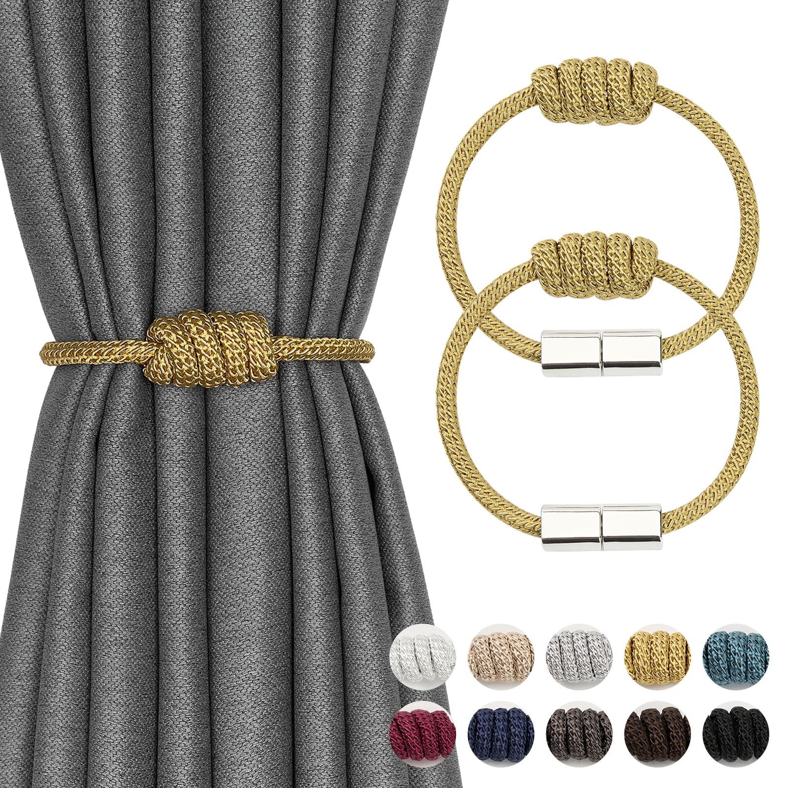 Pretty Jolly 2 Pack Mini Magnetic Curtain Tiebacks Modern Simple Style Drape Tie Backs Elegant Hand Weave Rope Knot Decorative Curtain Holdbacks for Home & Office Window Drapery (Gold)