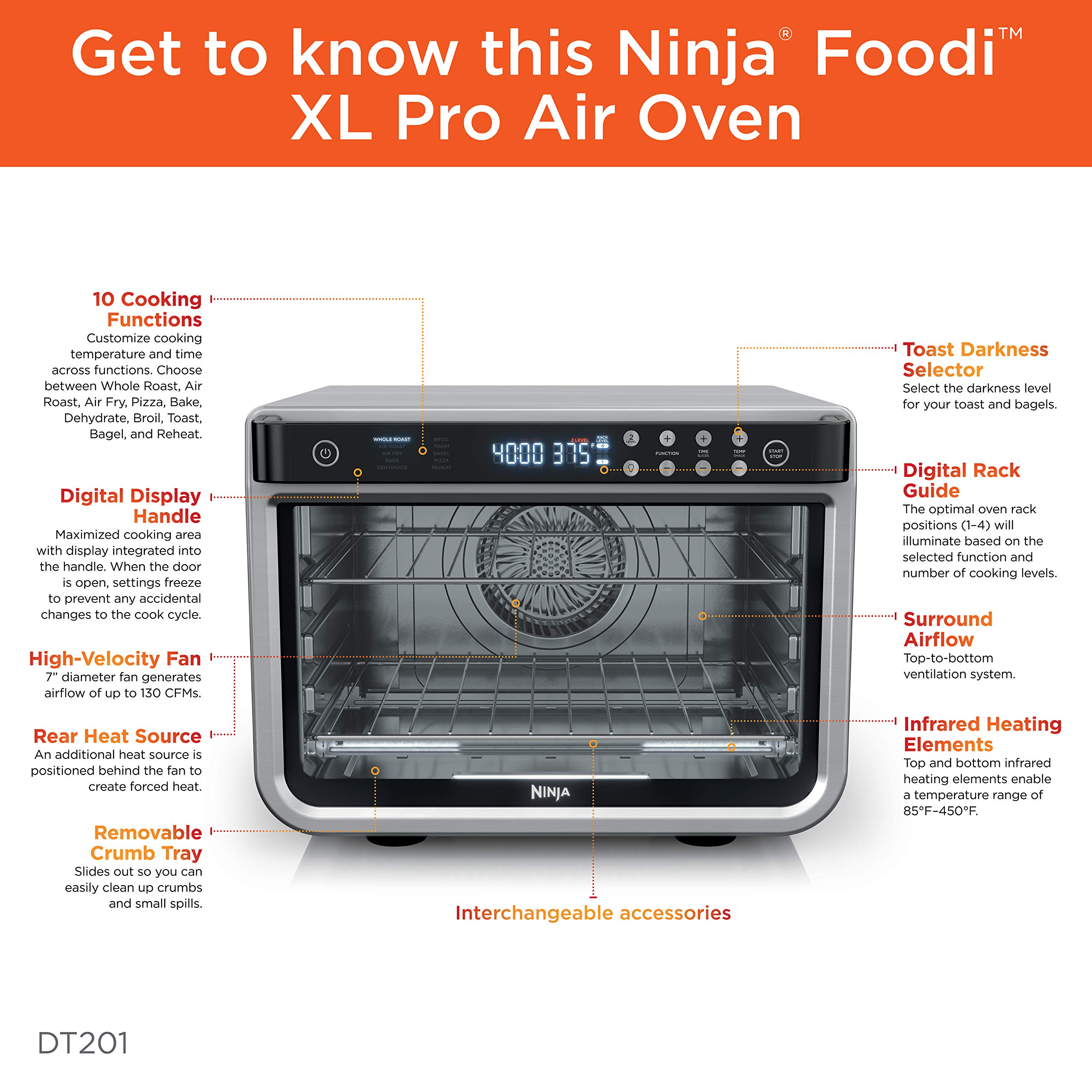 Ninja Air Fryer & Toaster Oven | Foodi Series, XL Pro Air Oven Kitchen Countertop Convection | 10-in-1 Functions | Fits a 5-lb Chicken & Sheet Pan of Vegetables | 1800 Watts | Stainless Steel | DT201