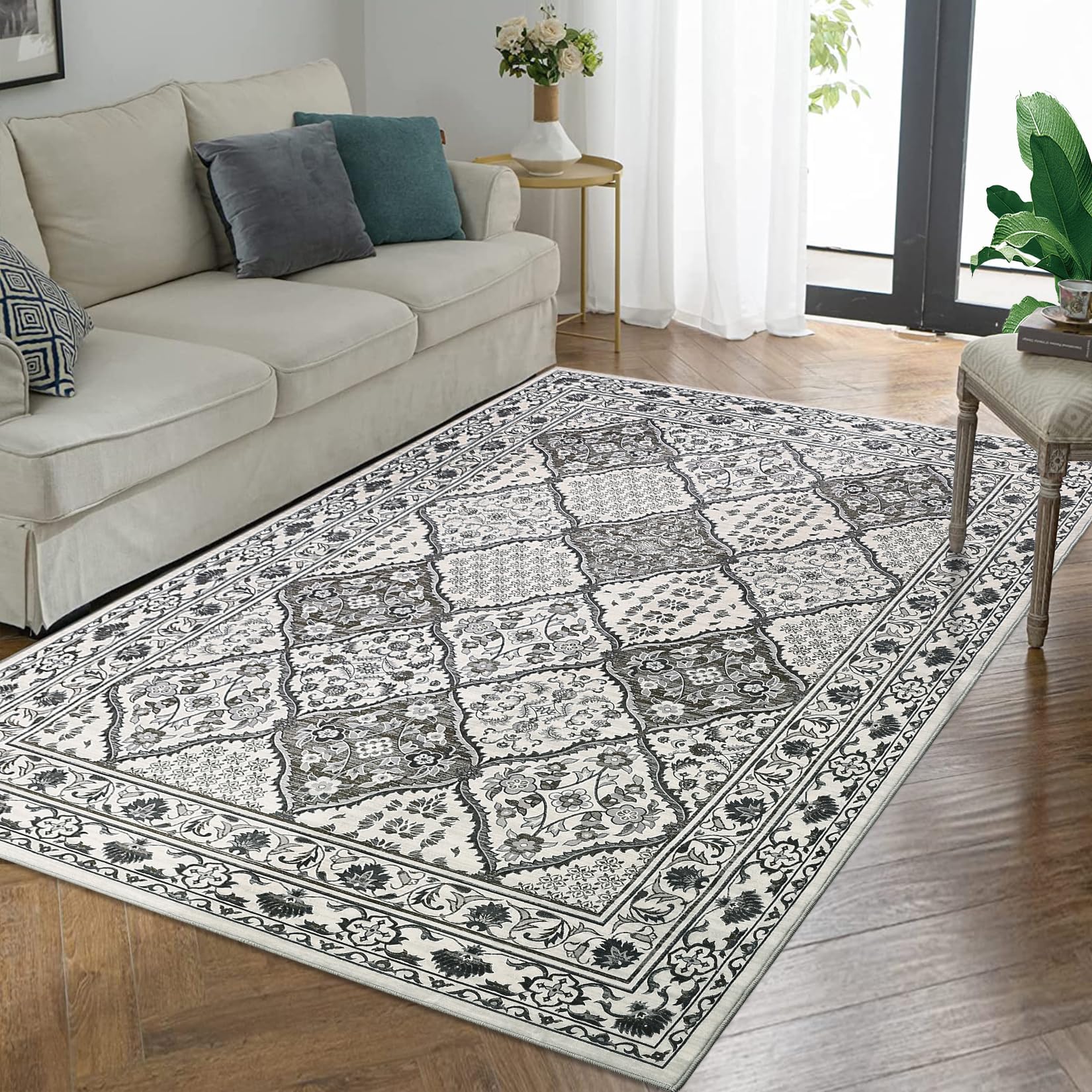 GarveeHome 9×12 Living Room Area Rug Washable Large Rug Traditional Accent Floor Carpet Indoor Throw Floor Cover Vintage Rug Oriental Lattice Ultra Soft Carpet for Bedroom Home Office, Grey