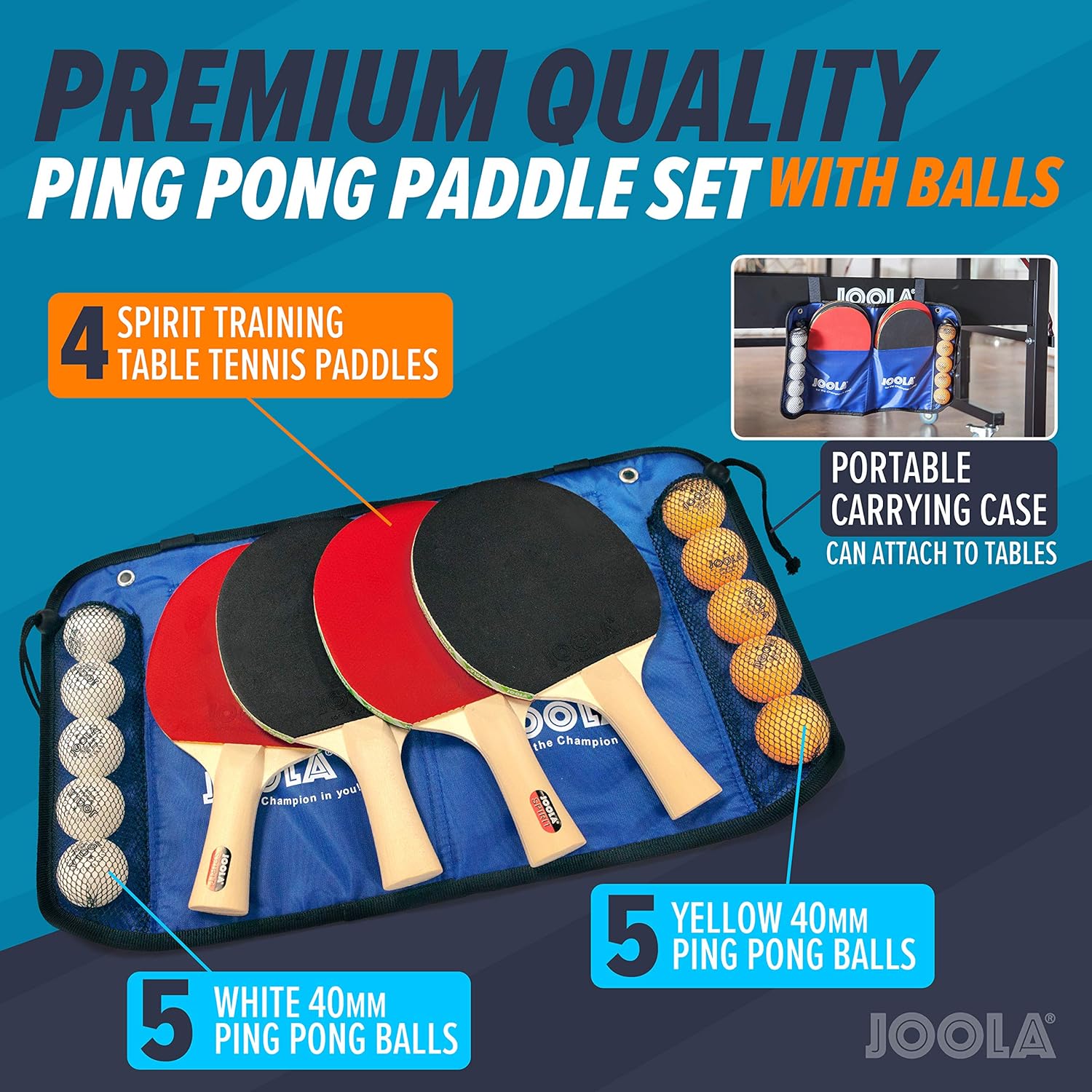 JOOLA Family Premium Table Tennis Bundle Set - 4 Regulation Ping Pong Paddles, 10 Training 40mm Ping Pong Balls, and Carrying Case - For Training and Recreational Play - Indoor and Outdoor Compatible : Table Tennis Sets : Sports & Outdoors