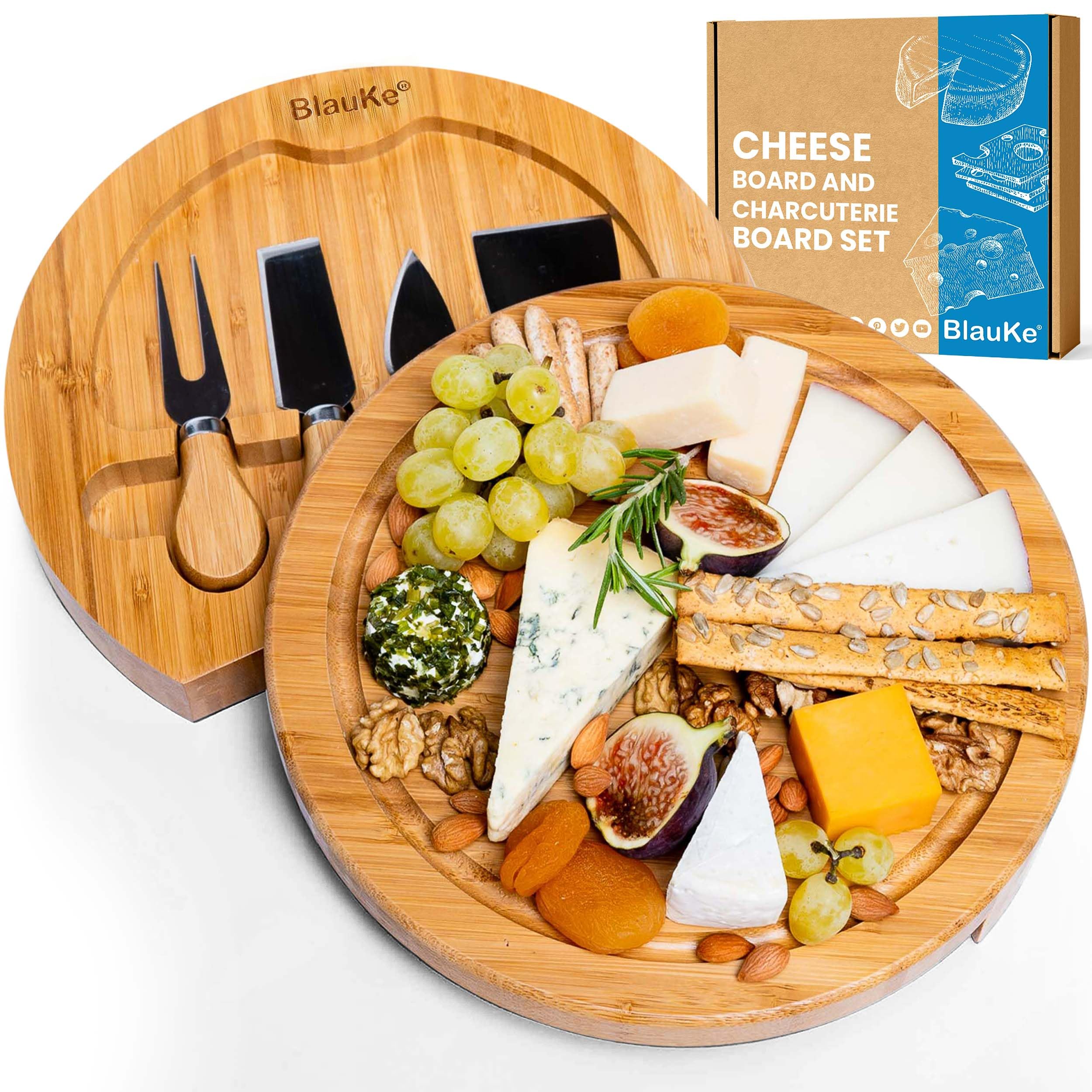 BlauKeยฎ Bamboo Cheese Board and Knife Set โ 25cm Round Charcuterie Board, Serving Platter with 4 Cheese Knives โ Wooden Cheese Board Gift Set