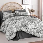 Queen Comforter Set 8 Piece, Black and White Comforter, Floral Bed in a Bag | Floral Print, Lightweight Soft Comforter for All Season, Cottage Bedding Set with Sheets