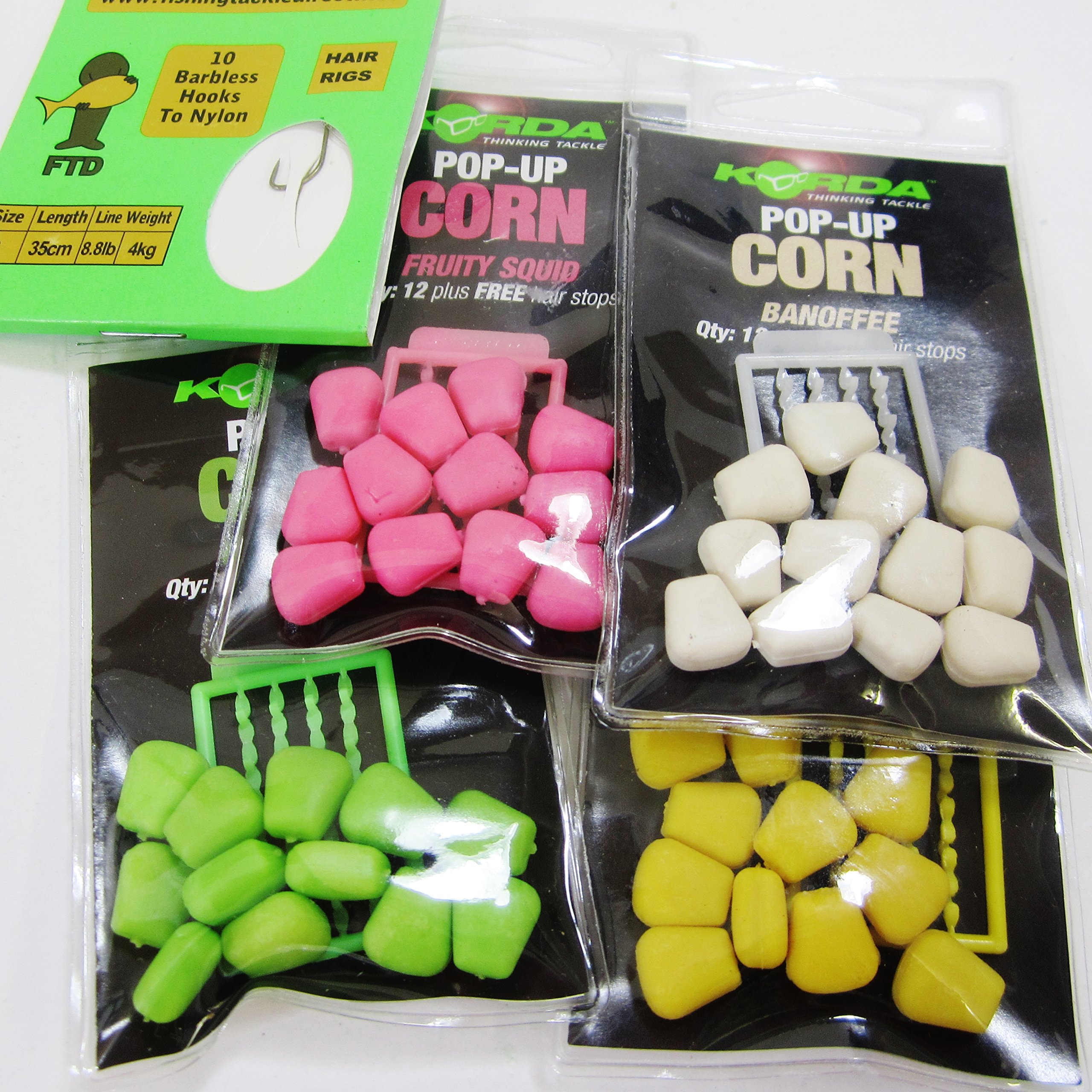 FTD - Min 3 packs of KORDA Pop-Up Corn Carp Flavoured Fishing Bait & Hair Stop Combo - Available in 4 flavours (Banoffee, Citrus Zing, I.B. Flavour & Fruity Squid) also comes with 10 FTD Barbless Hair Rigs (4 packs - 1 of each flavour)
