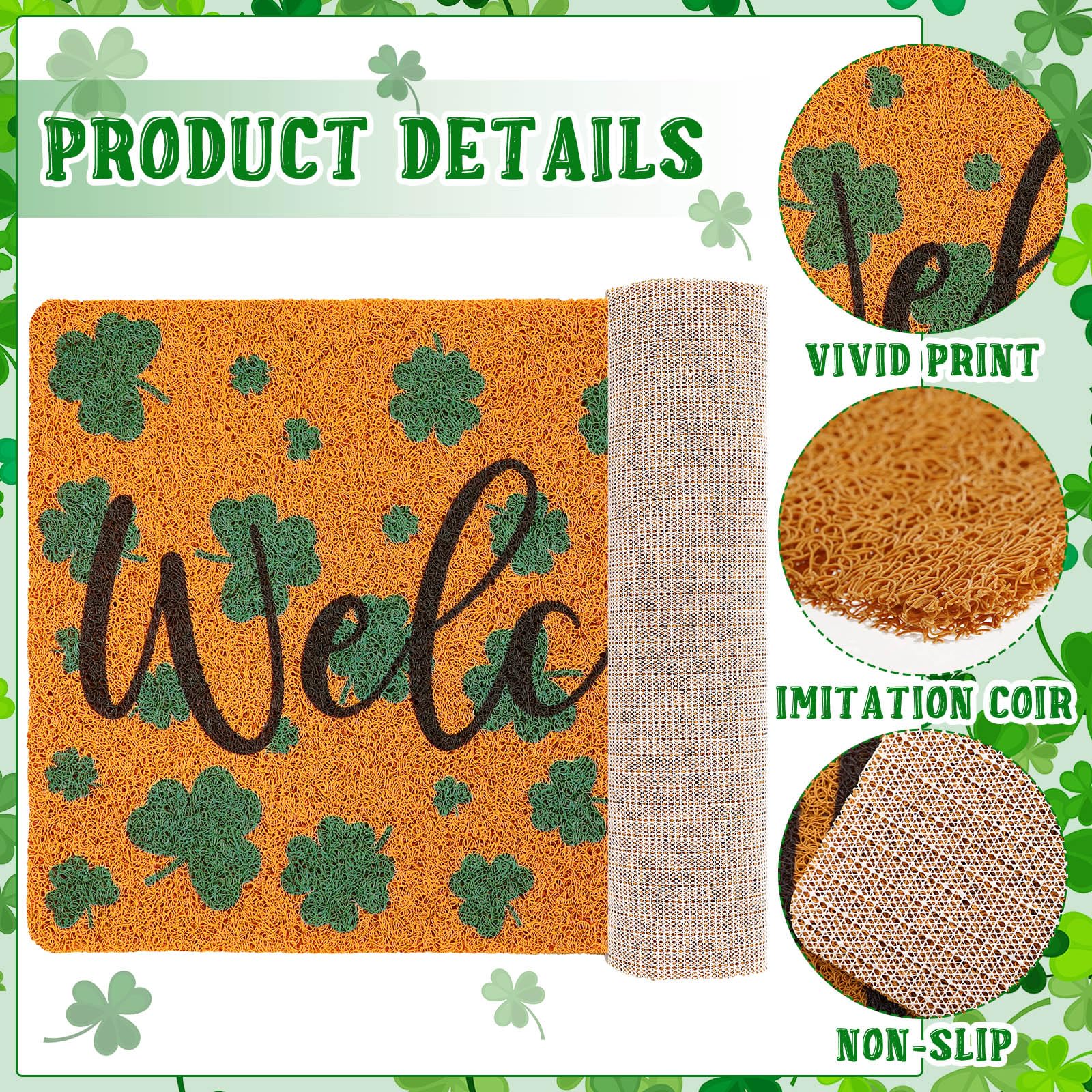 Drydiet St. Patrick's Day Decoration Set Include Non Slip Welcome Clover Imitation Coir Doormat Irish Green Shamrock Wreath with Bow for Spring Outdoor Front Door Entrance Home Wall Window Porch Decor - Image 4