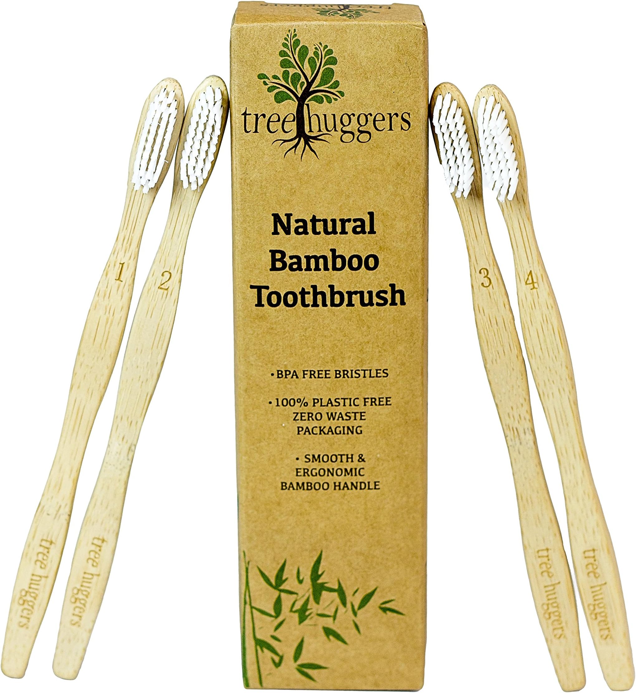tree huggers 100% Biodegradable Premium Organic Bamboo Toothbrush, BPA-Free Soft Bristles, Pack of 4