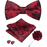 JEMYGINS Floral Pre-tied Bow Tie and Pocket Square Cufflinks Lapel Pin Sets for Men 4PCS
