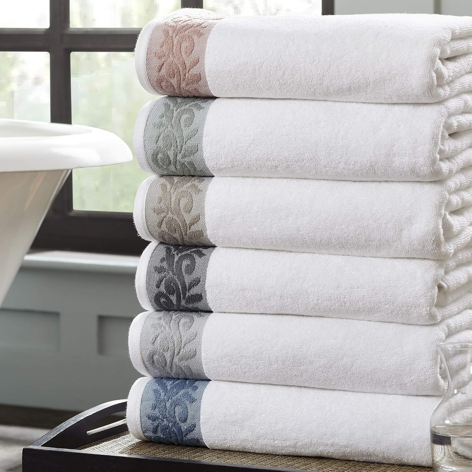 Amrapur Overseas 600 GSM 6-Piece Towel Set with Filgree Jacquard Border, Silver: Home & Kitchen