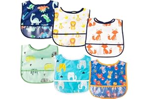 2ooya 6Pcs Waterproof Toddler Bibs Baby Feeding Bib Set with Crumb Catcher Pocket Infant Adjustable Baby Teething Bib Babies Sleeveless Animals Food Bibs Keepsake Gift for Baby Shower, 6-24 Months