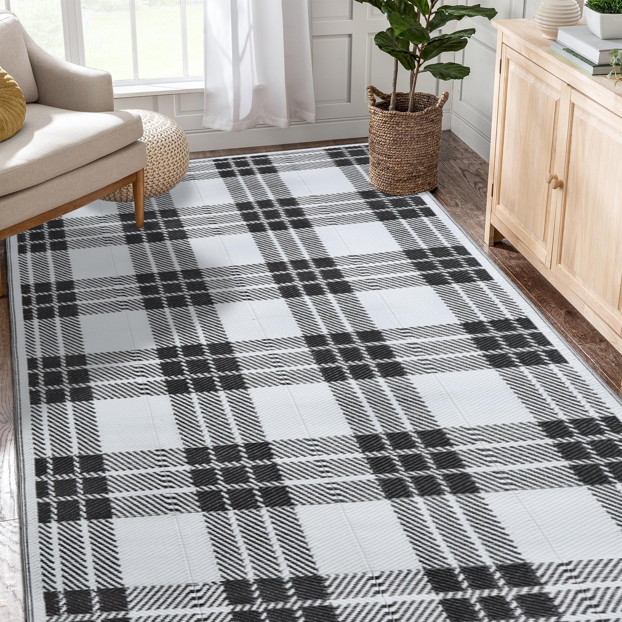 Photo 1 of SAND MINE Floor Mats, Reversible Mats, Plastic Straw Rug, Modern Area Rug for Kitchen, Home, Outdoors, RV, Patio, Backyard, Deck, Picnic (5' x 8', Black & White Plaid)