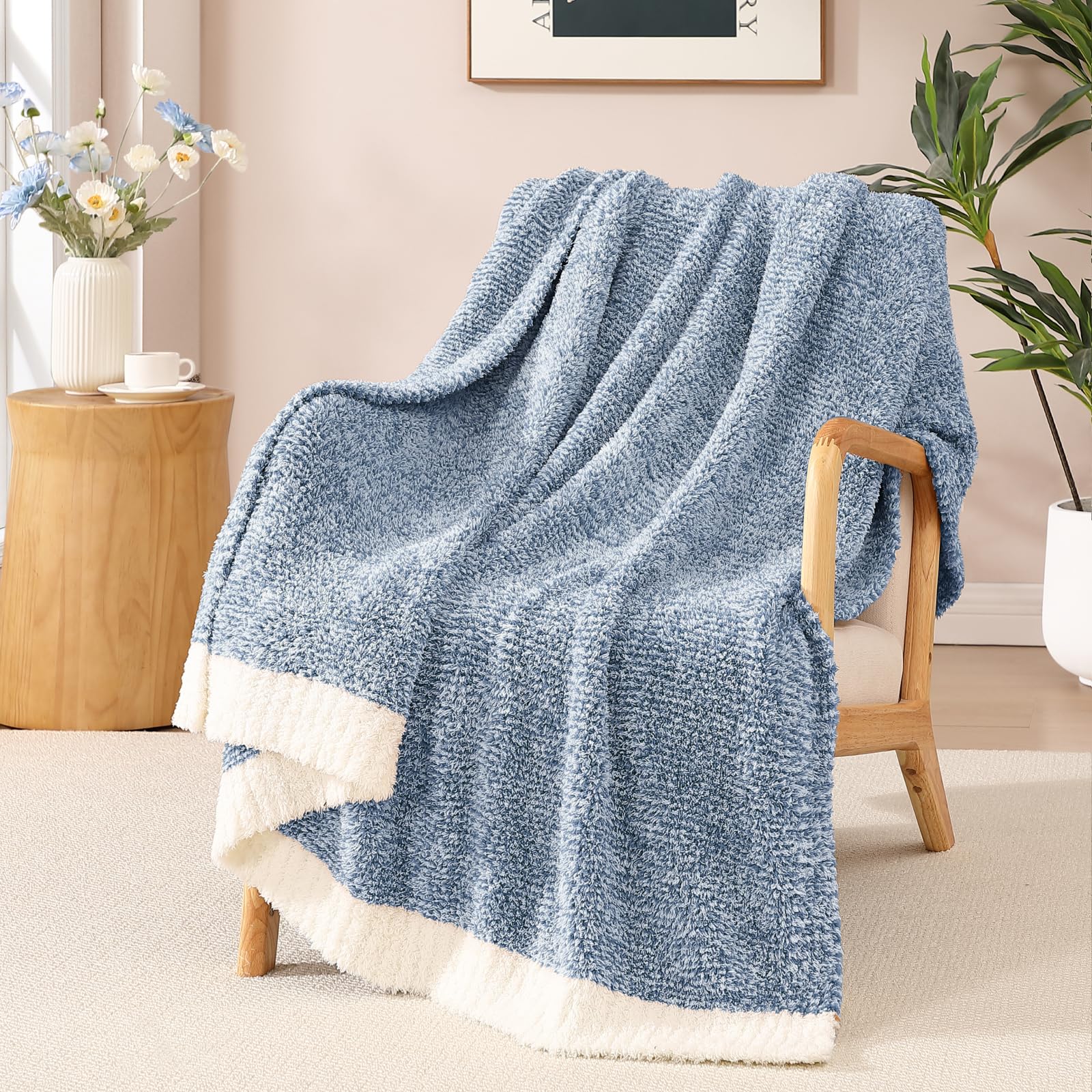 WRENSONGE Throw Blanket Cationic Dyeing Blue Soft Cozy Fluffy Warm Hand Made Throw Blankets for Couch, Sofa, Chair, Bed, Camping, Picnic, Travel Lightweight Bed Blanket - 50"*60" Image